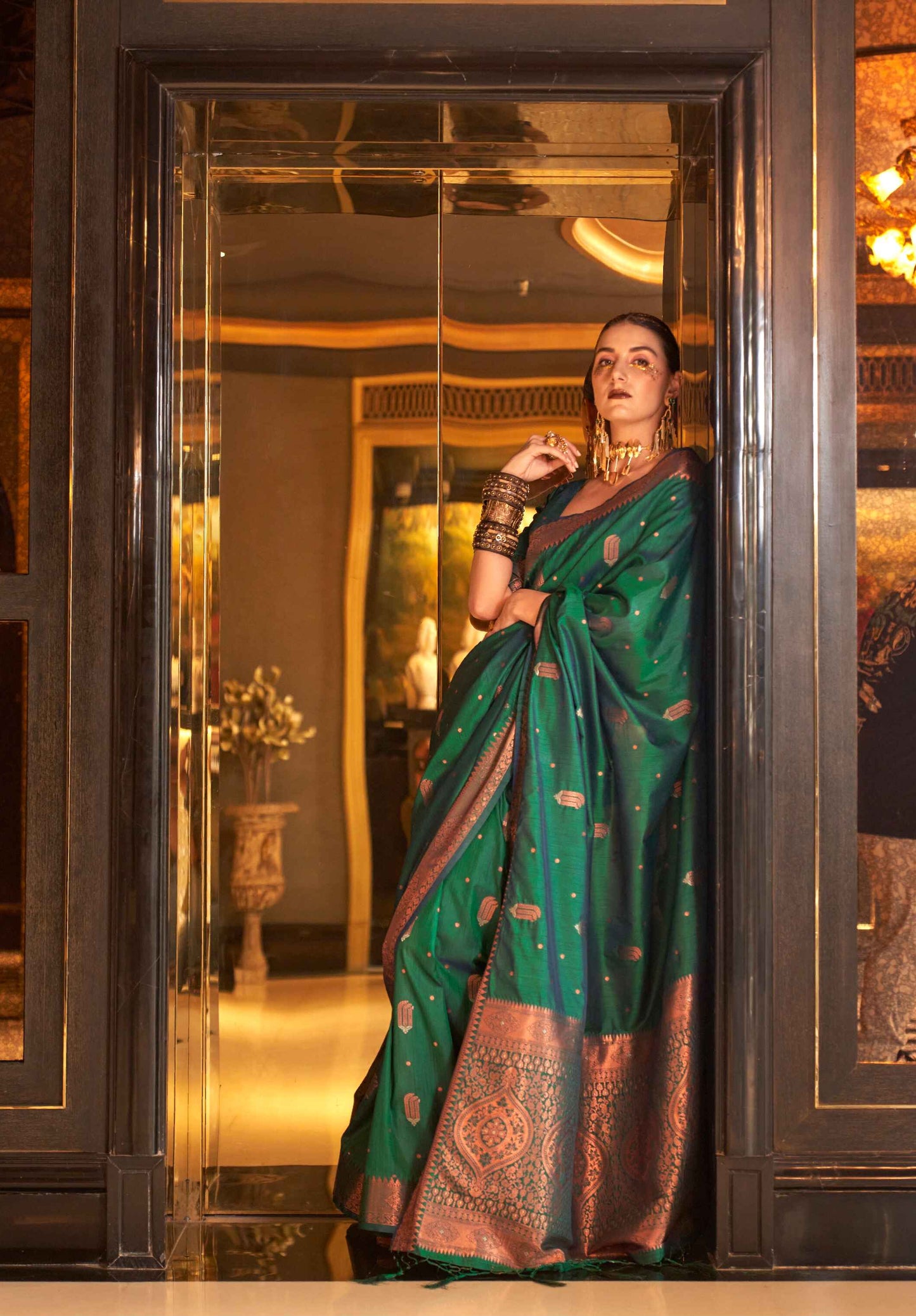 Teal Banarasi Saree On Silk With Bronze Zari Base