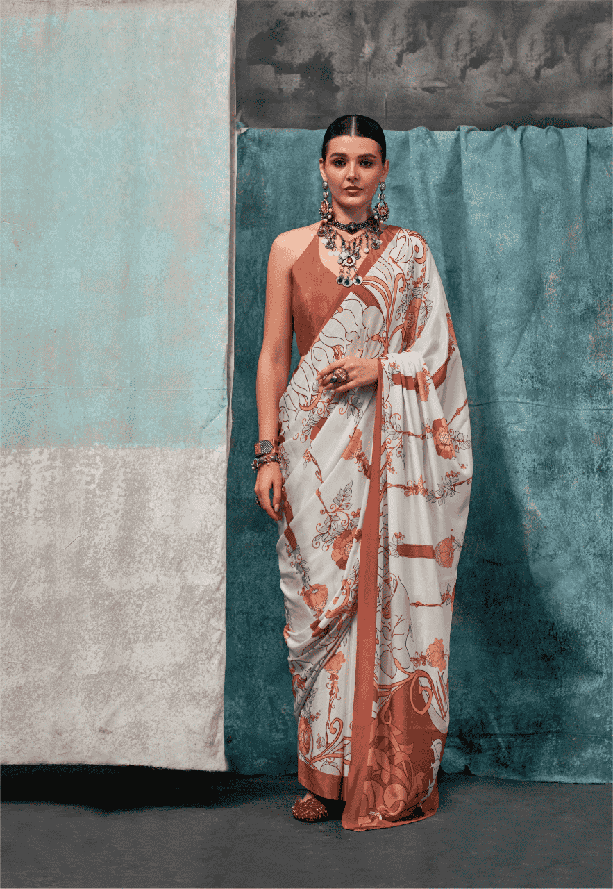 White Designer Crepe Saree With Brown Floral Print 