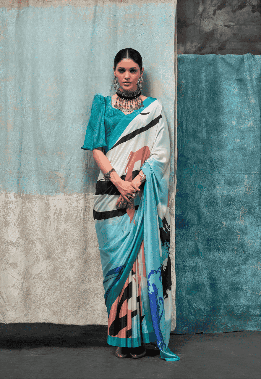 Sky Blue Designer Crepe Saree With Floral Print