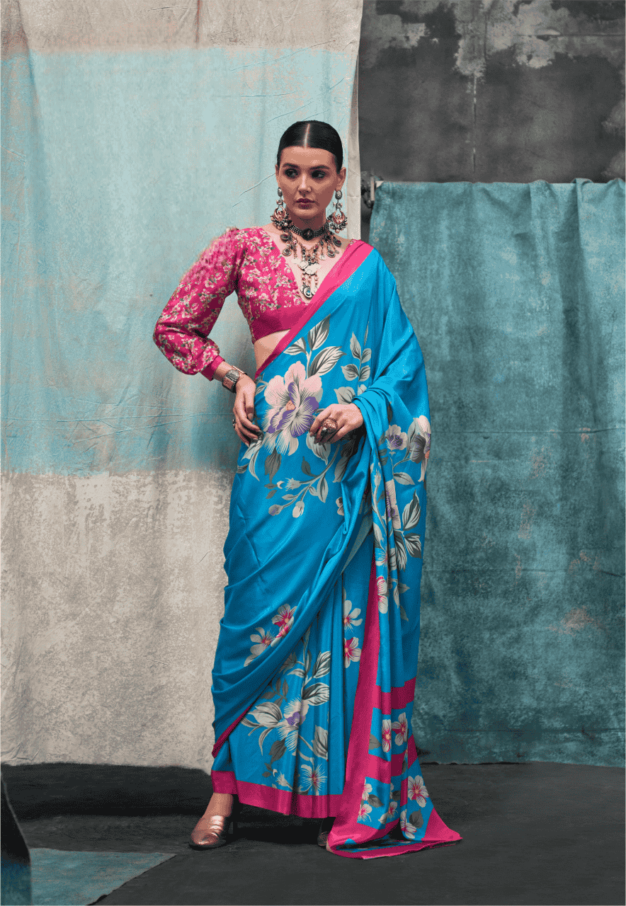 Ocean Blue Designer Crepe Saree With Floral Print