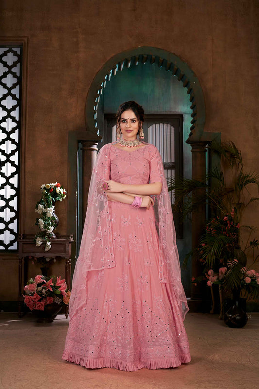 Pink Georgette  DupattaLehenga Choli With Net Shisha Embroidery