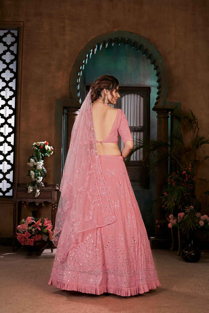 Pink Georgette  DupattaLehenga Choli With Net Shisha Embroidery