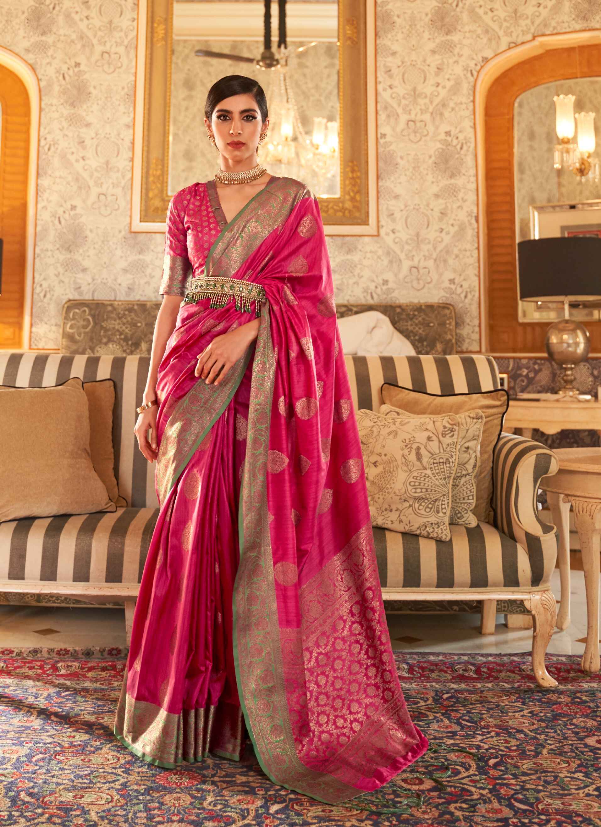 Pink Bridal Banarasi Silk Saree With Bronze Zari Border