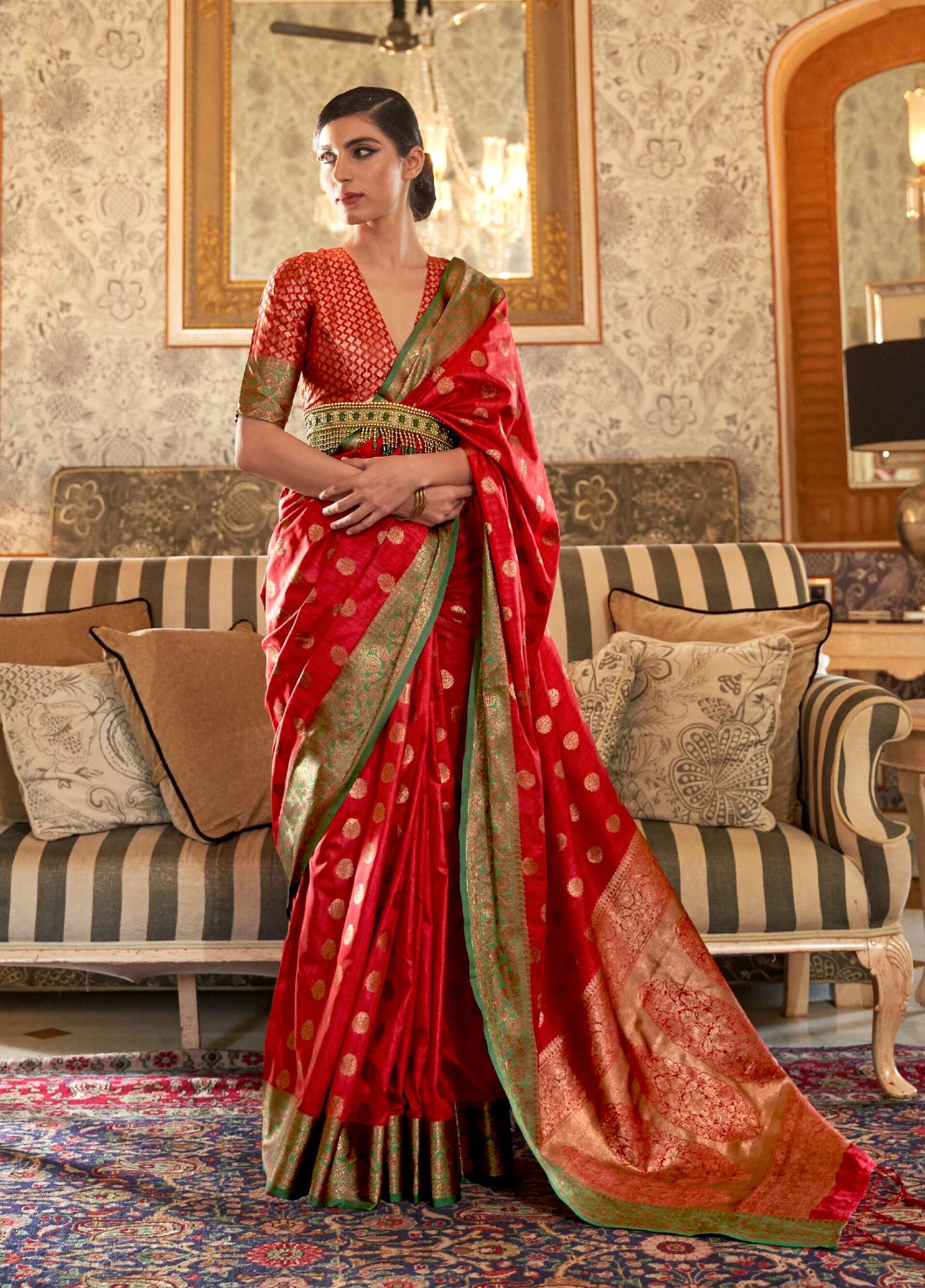 Red Banarasi Wedding Saree On Tissue Silk With Gold Zari