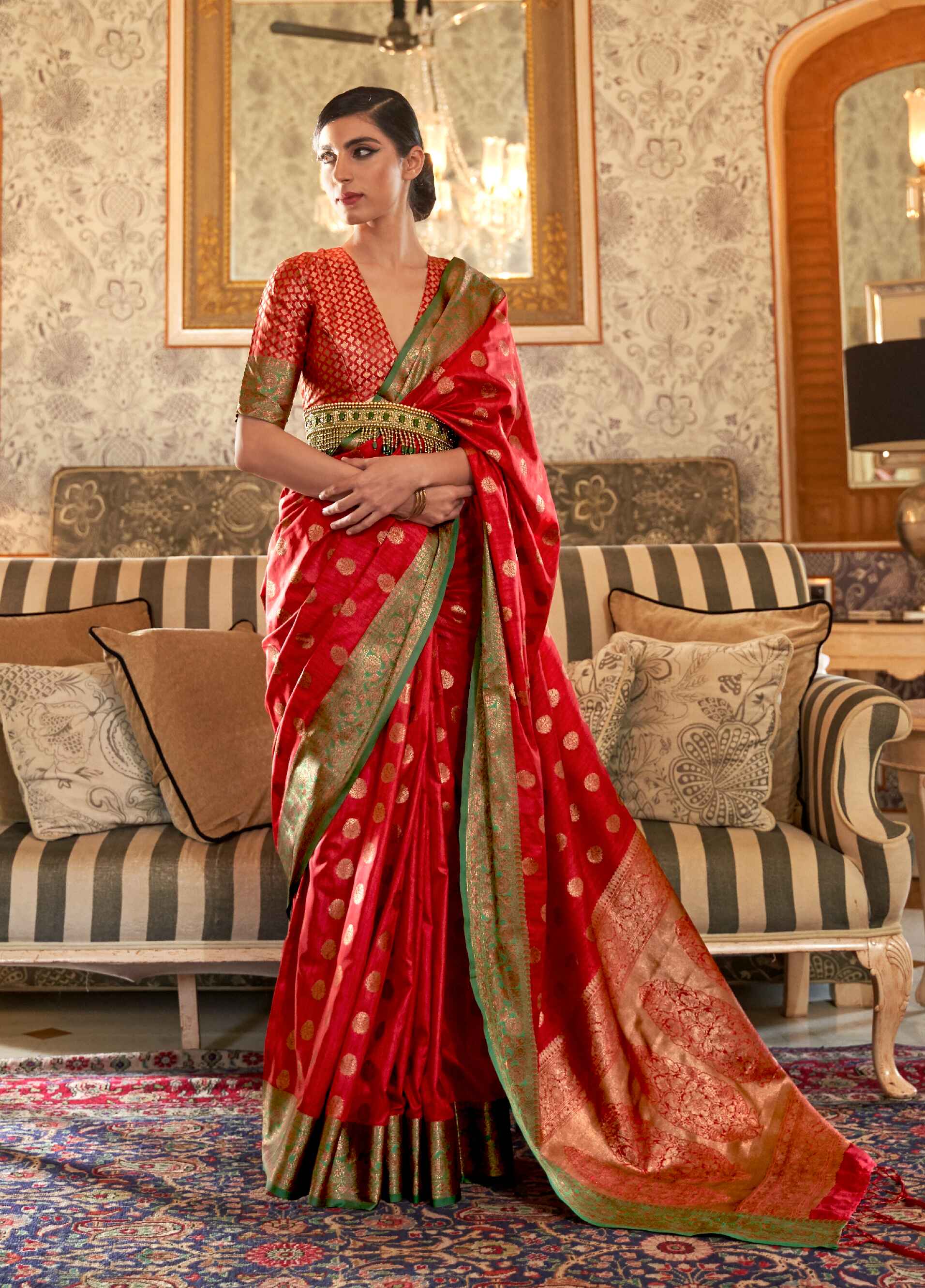 Red Banarasi Wedding Saree On Tissue Silk With Gold Zari