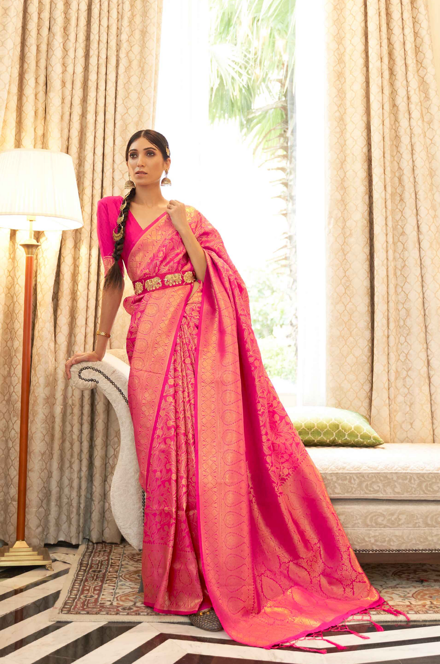 Pink Bridal Banarasi Silk Saree With Ethnic Motif Zari Work All Over 