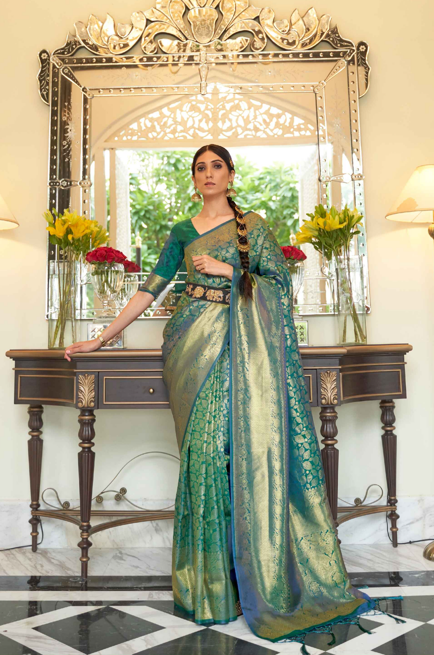 Teal Green Banarasi Silk Saree With Silver Zari All Over 