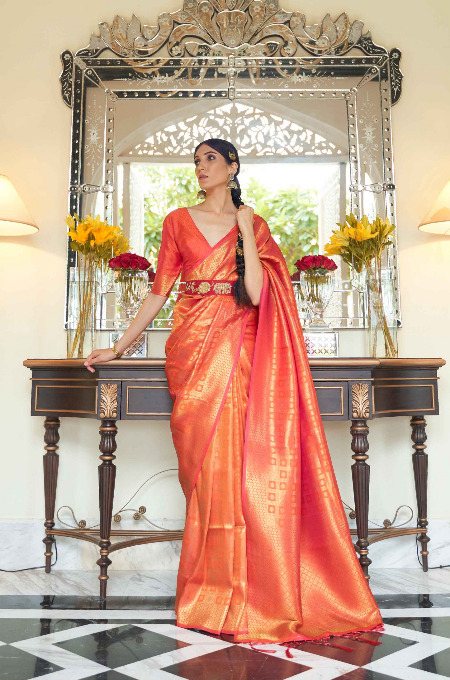 Orange Bridal Banarasi Saree on Silk With Gold Zari Border