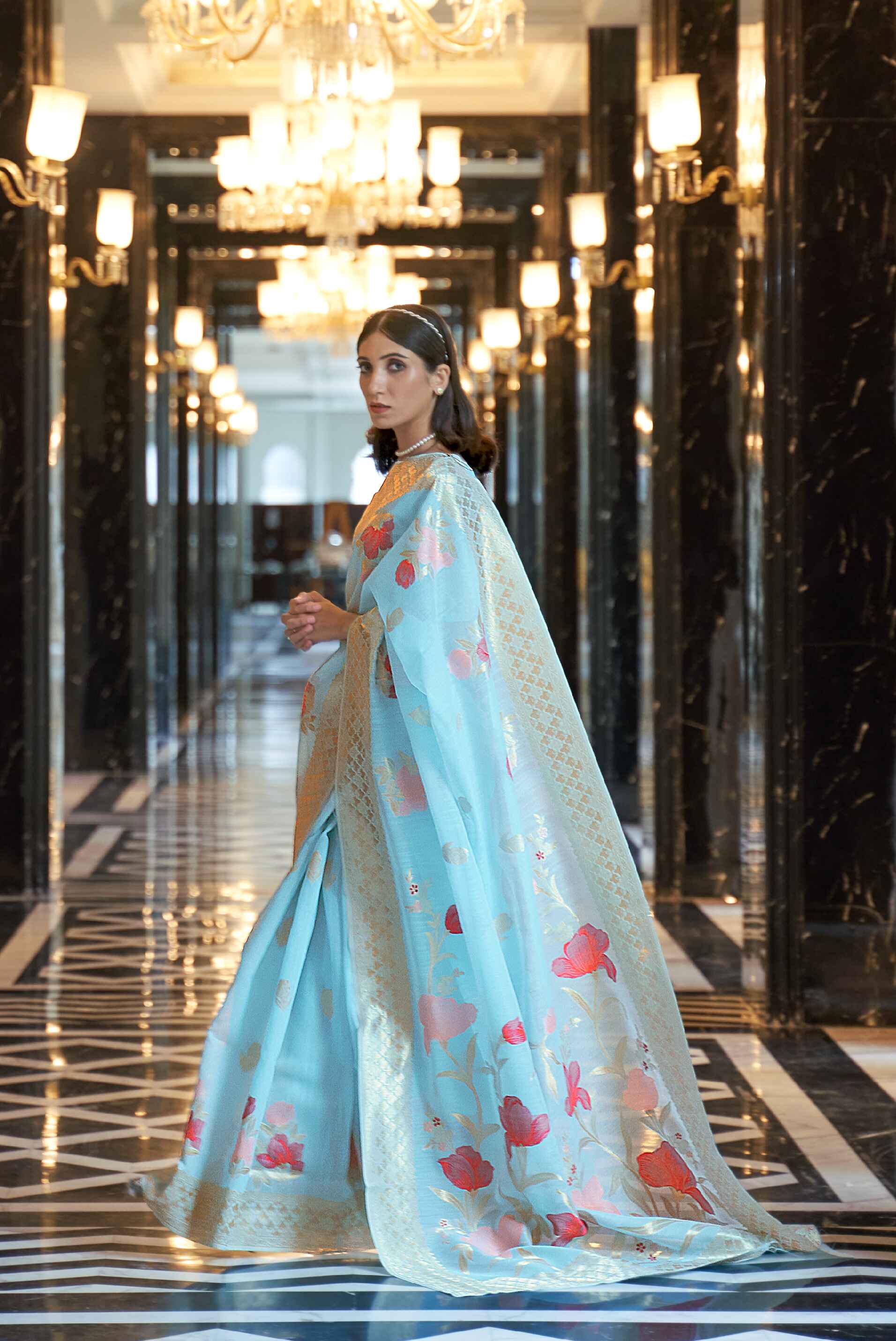 Sky Blue Floral Organza Saree On Linen With Zari Border