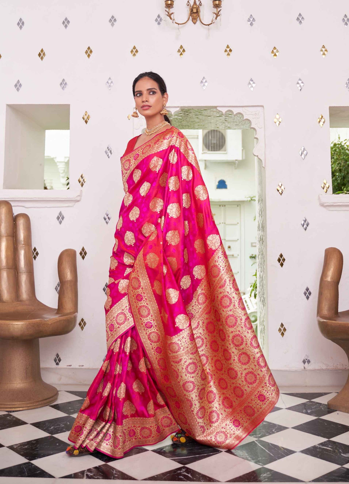 Pure Banarasi Sati Silk Saree With Ethnic Motif and Woven Design