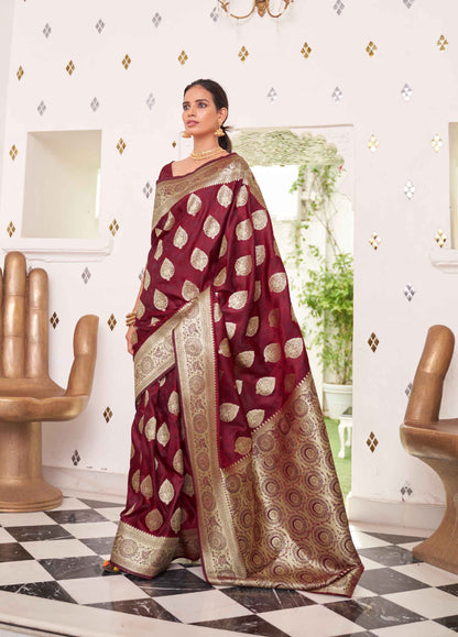 Pure Banarasi Sati Silk Saree With Ethnic Motif and Woven Design