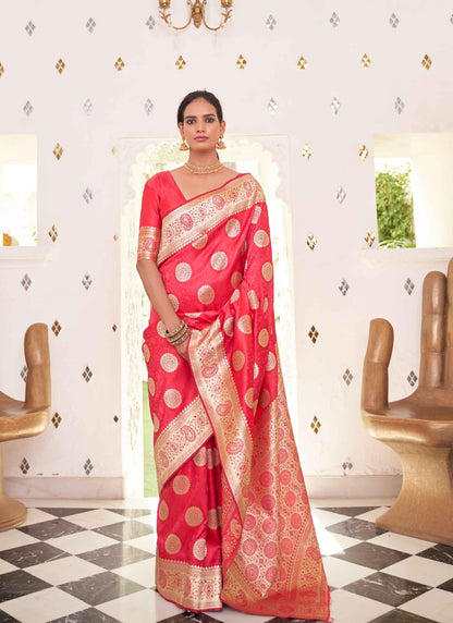 Pure Banarasi Sati Silk Saree With Ethnic Motif and Woven Design