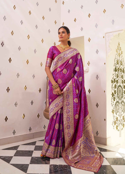 Pure Banarasi Sati Silk Saree With Ethnic Motif and Woven Design