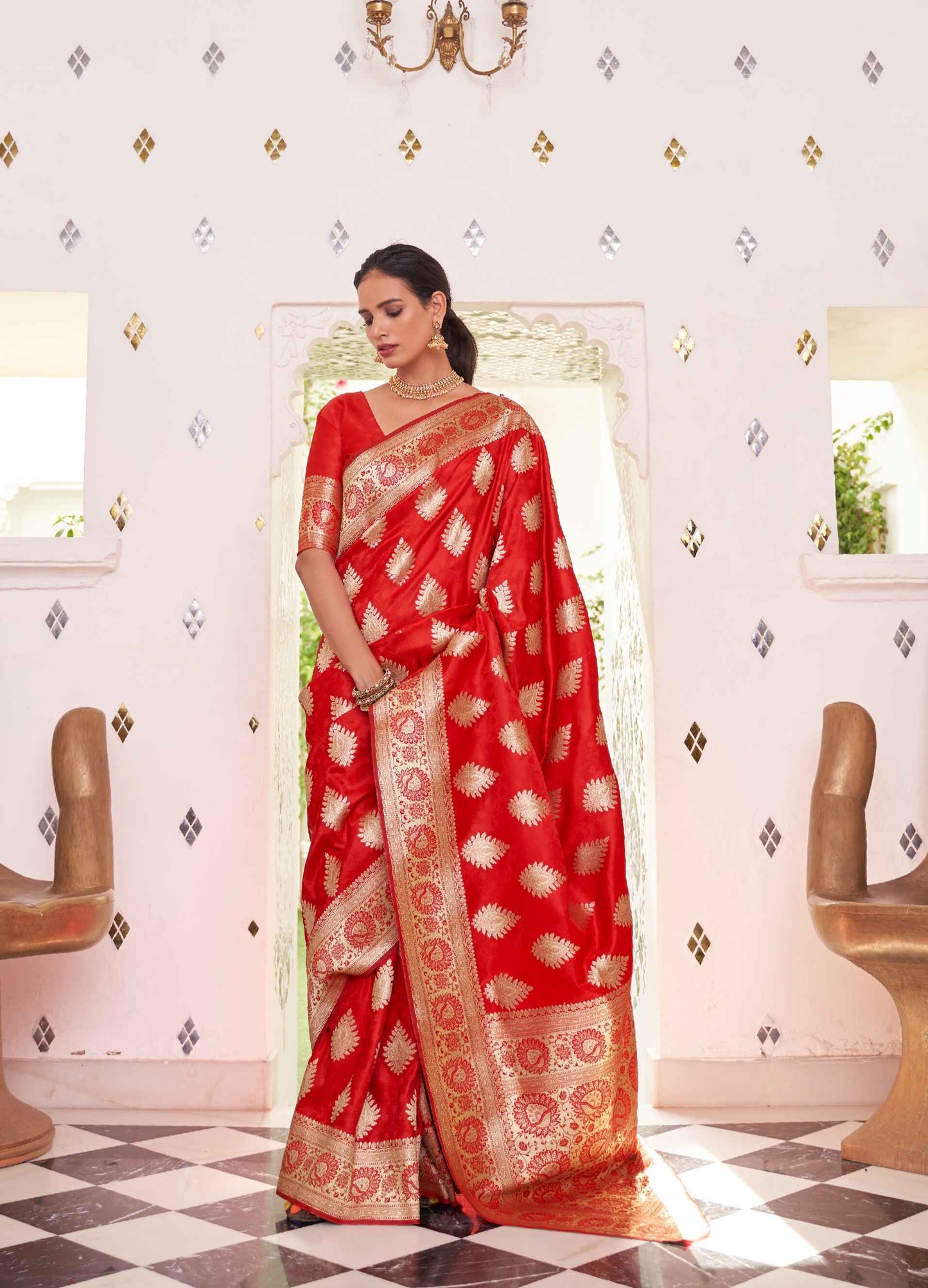 Pure Banarasi Sati Silk Saree With Ethnic Motif and Woven Design