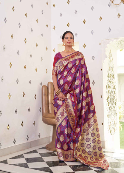 Pure Banarasi Sati Silk Saree With Ethnic Motif and Woven Design