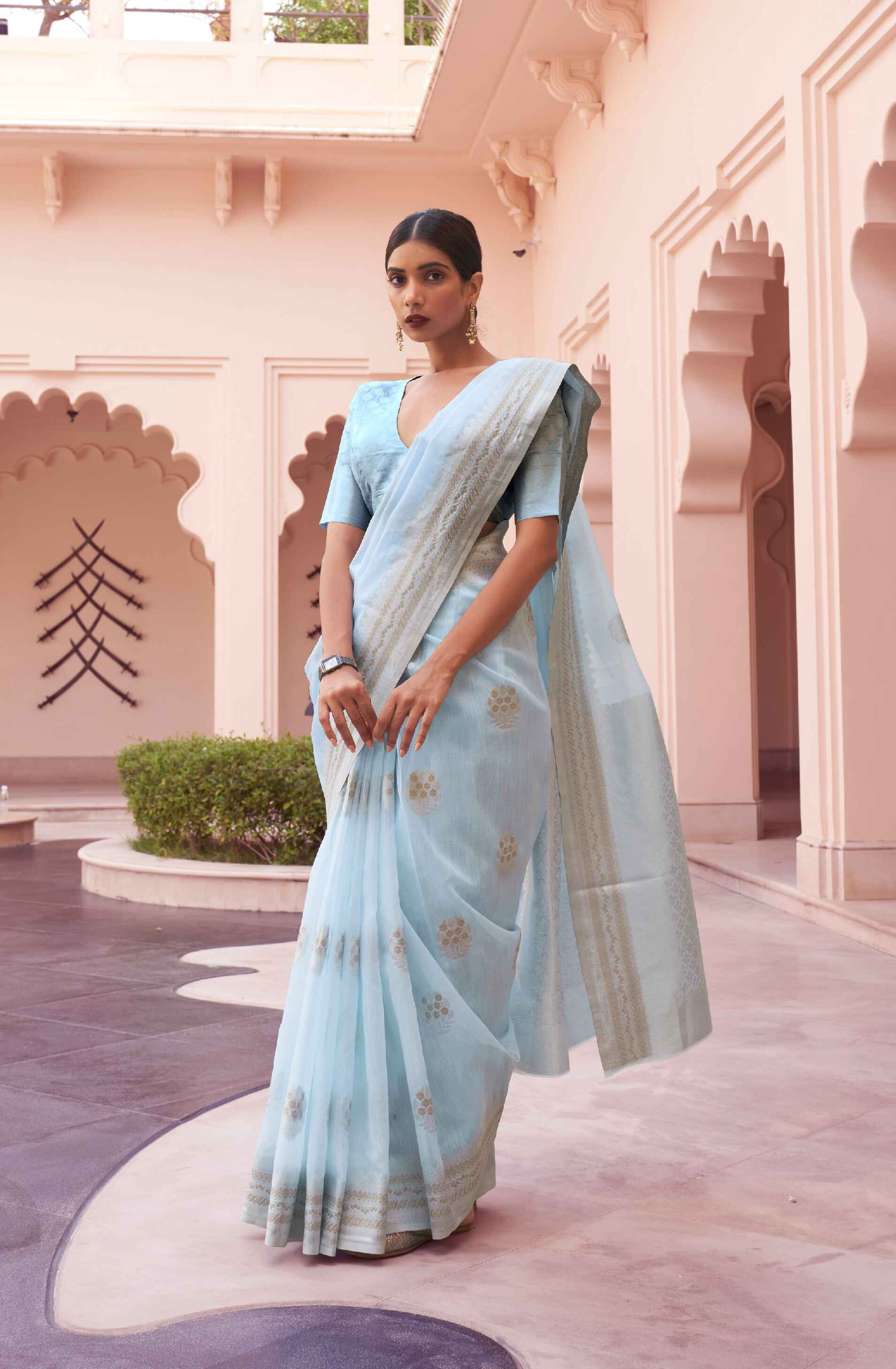 Sky Blue Georgette Saree on Linen With Traditional Ethnic Motifs