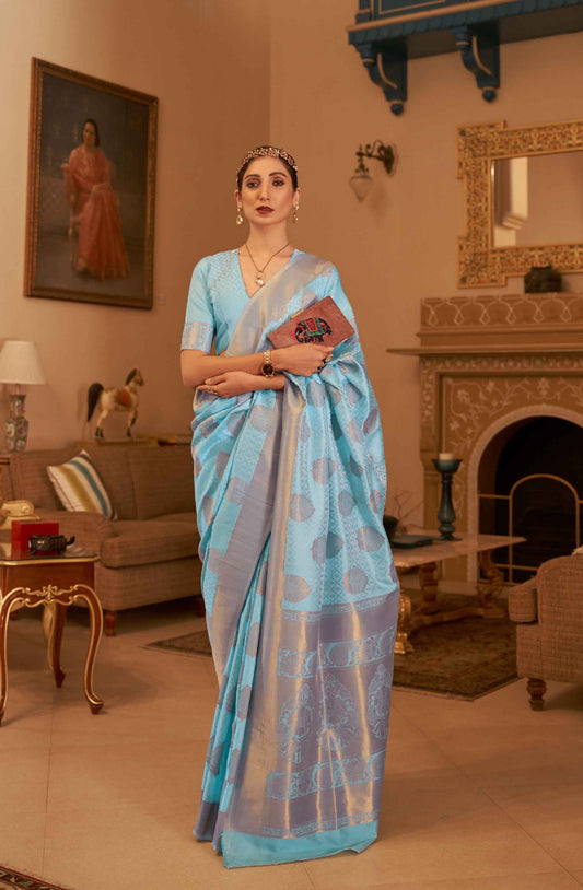 Sky Blue Banarasi Silk Saree With Silver Zari Border