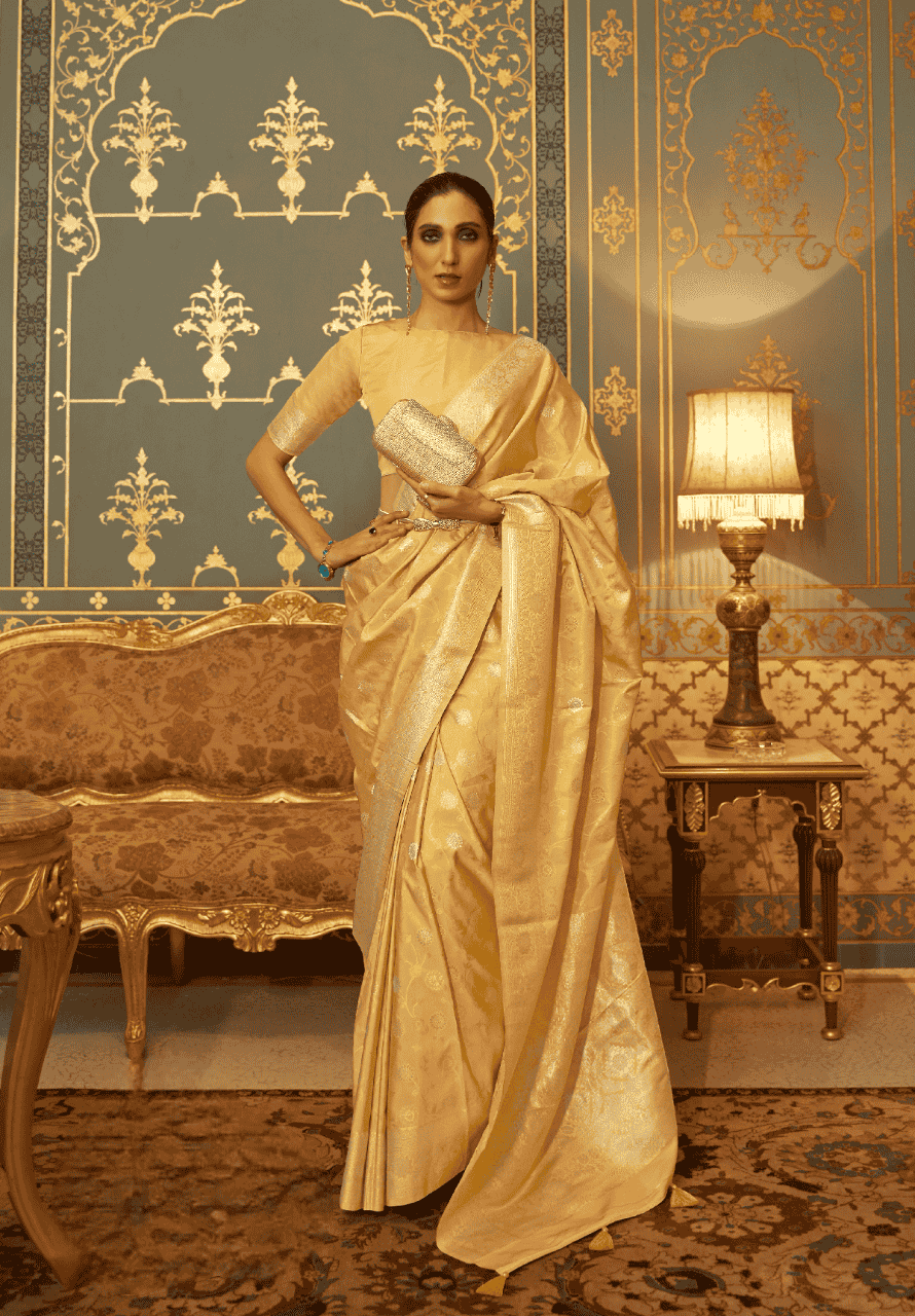 Gold Banarasi Soft Silk Saree With Silver Zari On Border