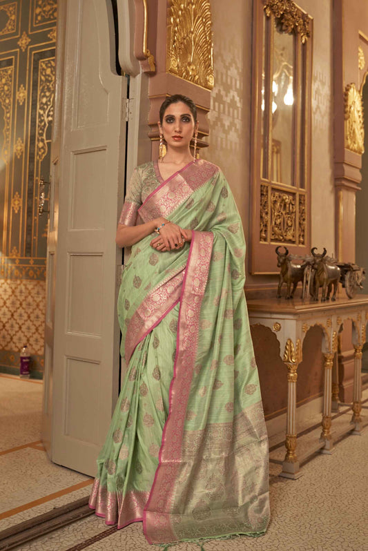 Sea Green Georgette Saree With Pink Bronze Zari Border