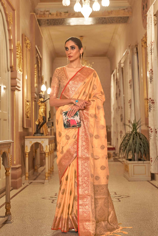 Peach Georgette Saree With Red Bronze Zari Border