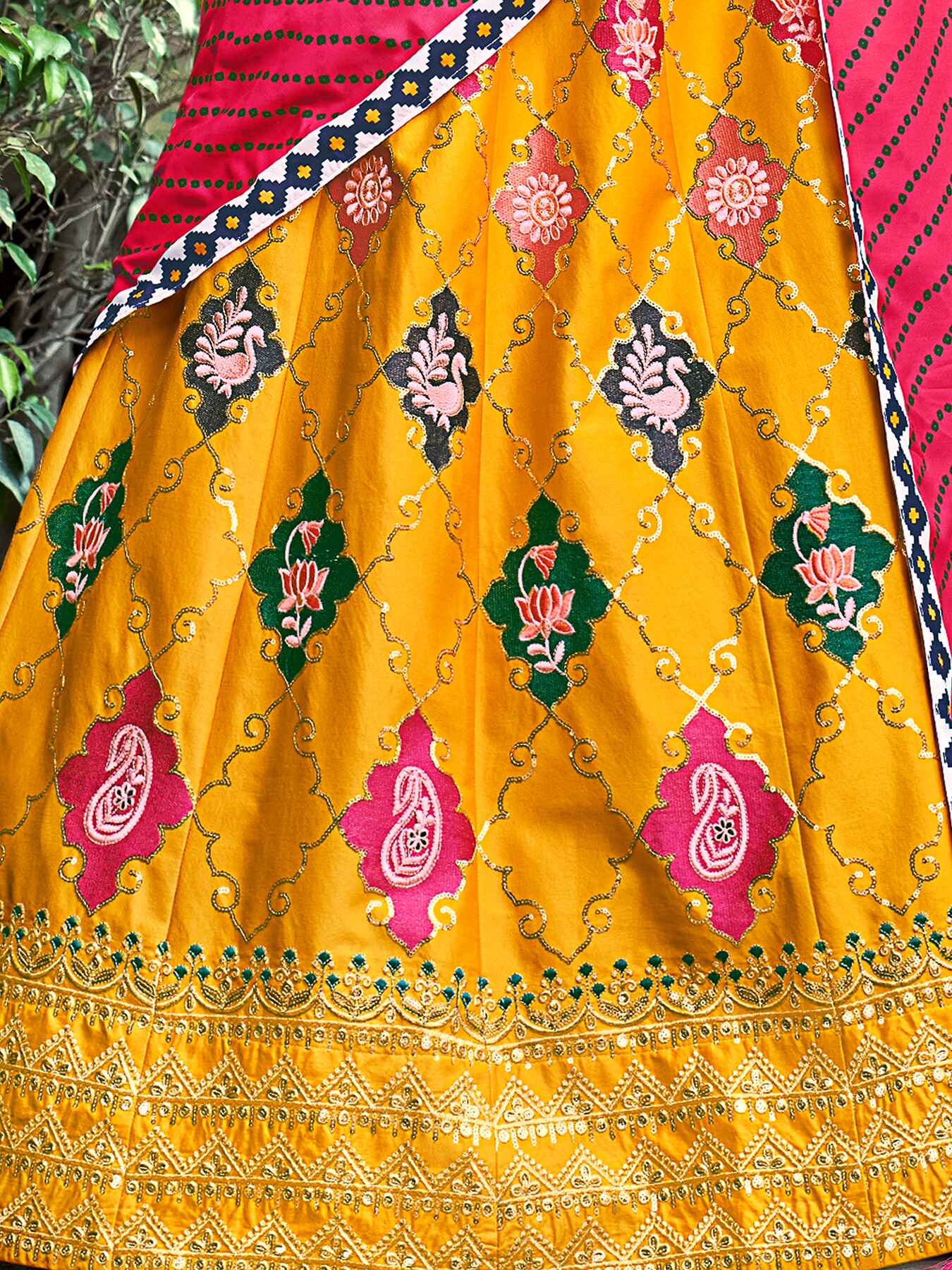Bandhani Silk Zari Lehenga Choli With Mirror and Thread Work