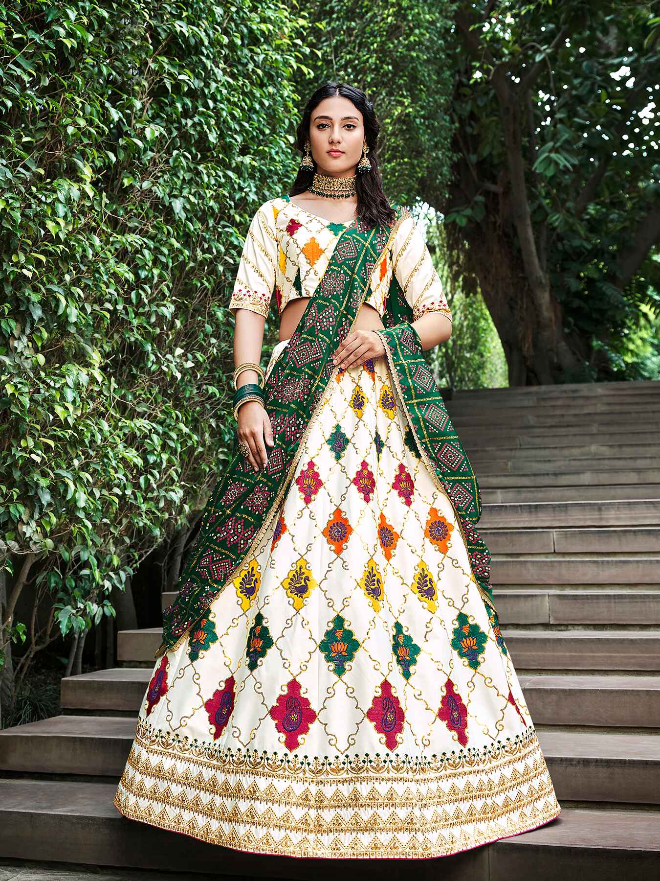 Bandhani Silk Zari Lehenga Choli With Mirror and Thread Work