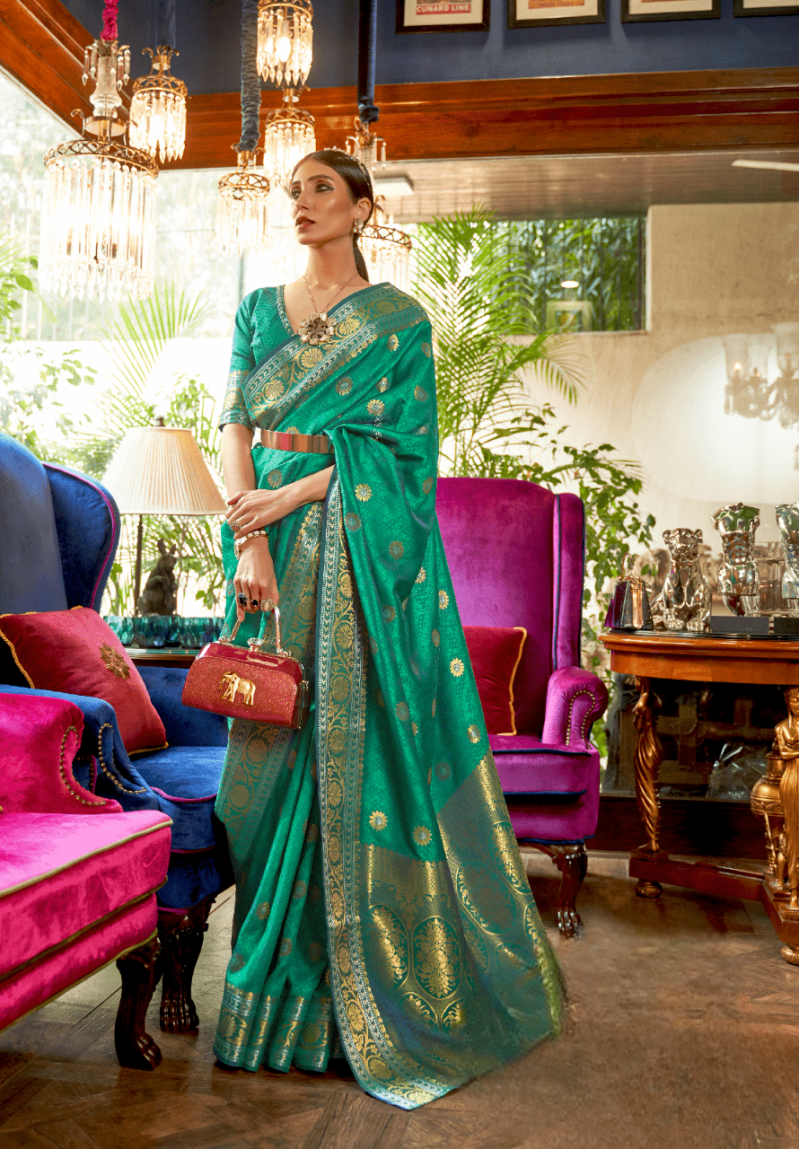 Teal Green Kanjivaram Bronze Zari Kanjivaram Saree