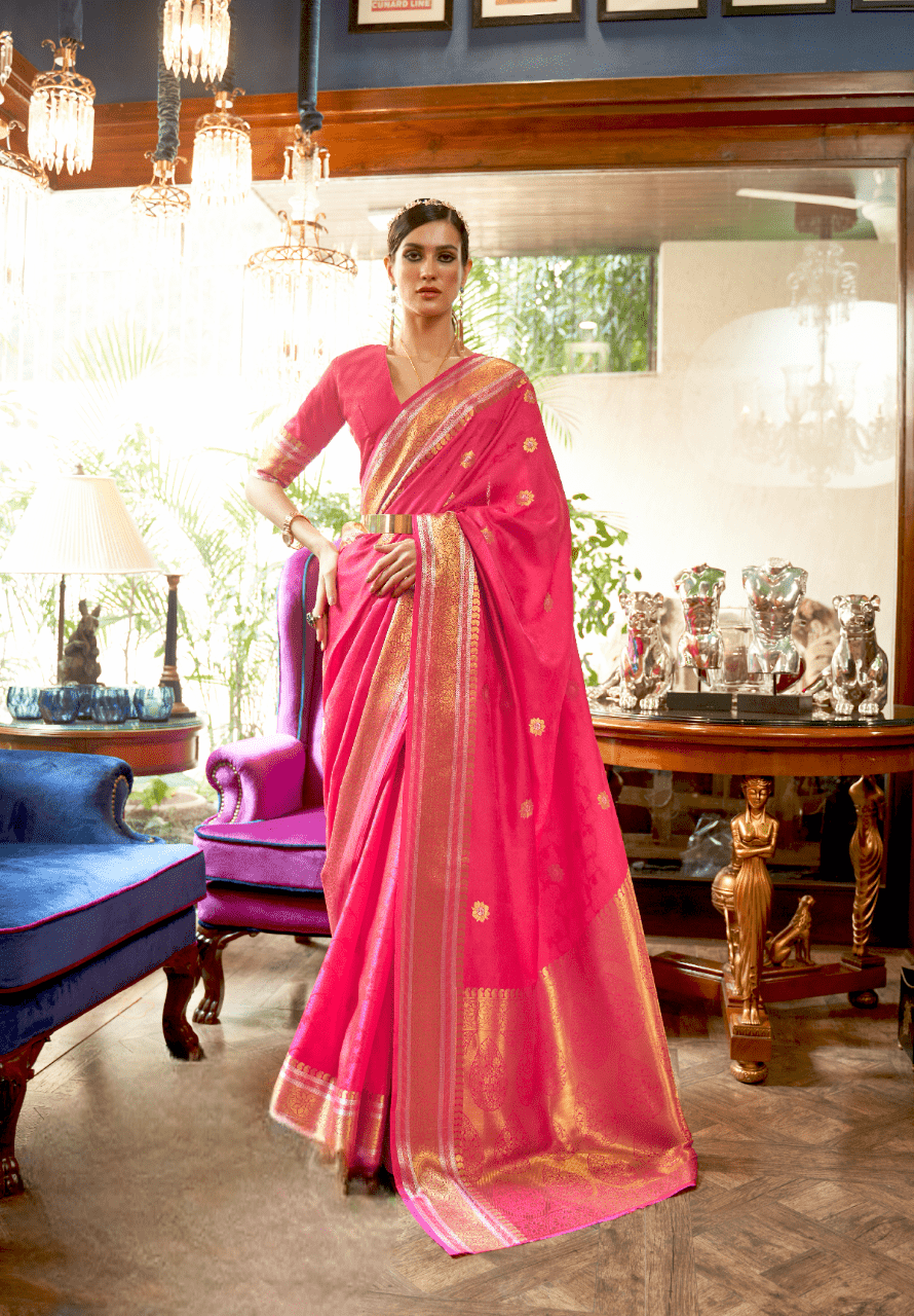 Light Pink Kanjivaram Saree With Copper Zari On Silk