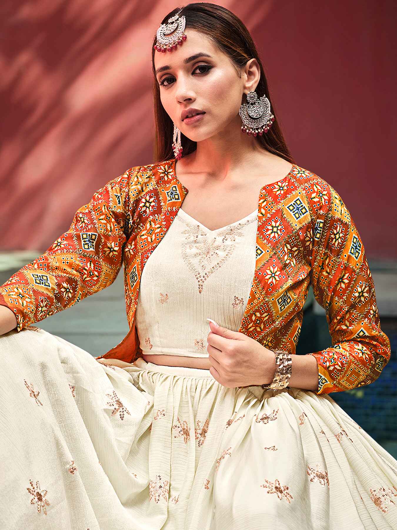 Chiffon Art Silk Cotton Sibburi Print Jacket Lehenga With Floral Print Embroiderded Jacket