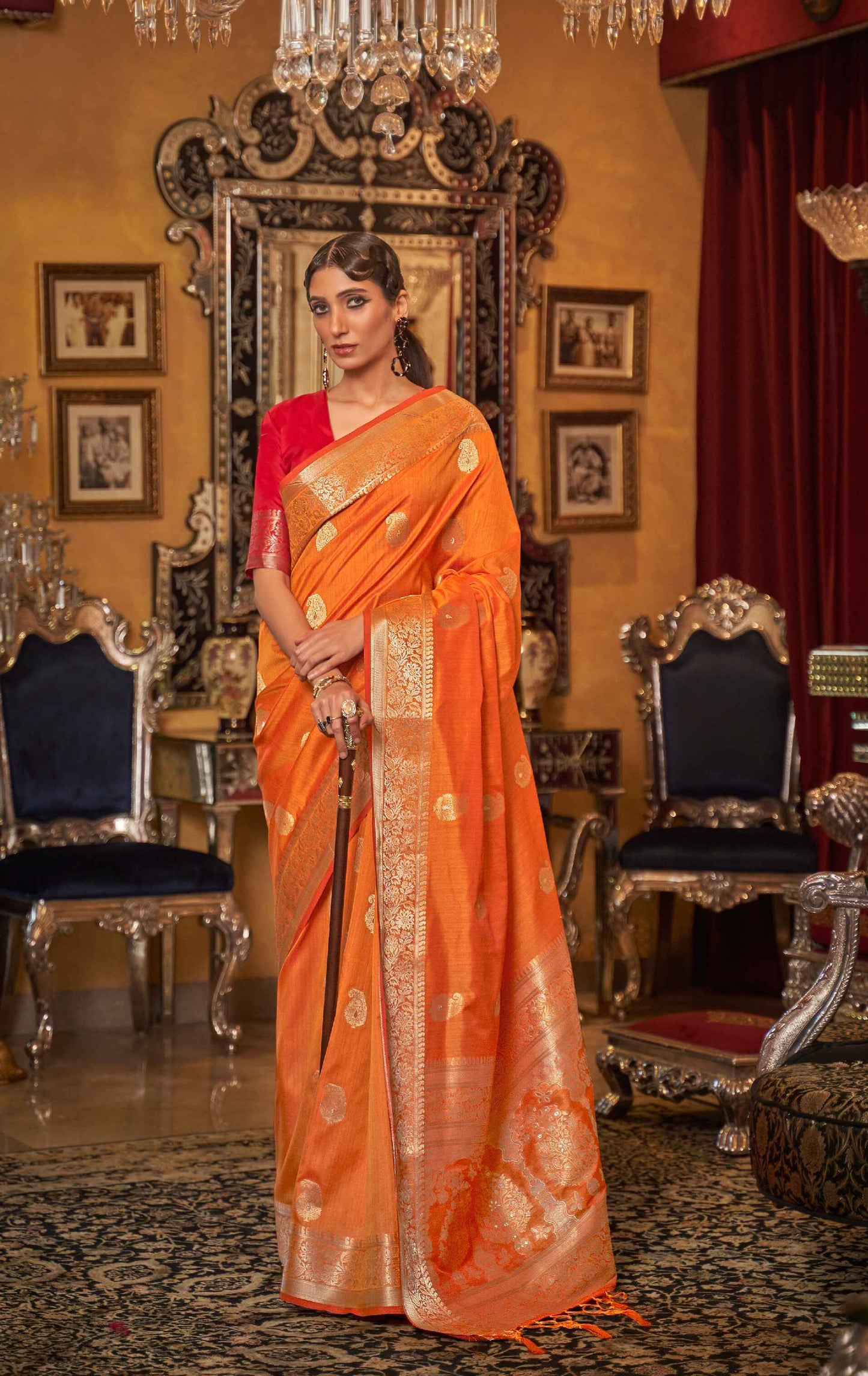 Orange Paithani Tussar Saree With Maggam Embroidery Zari Border Blouse & Saree 