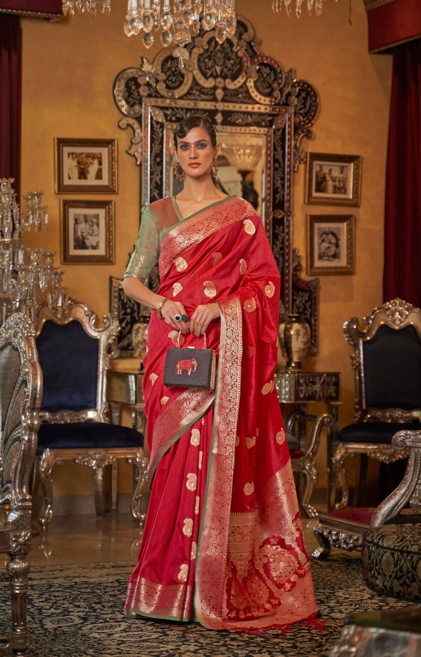 Red Paithani Tussar Saree With Flower Embroidery Silver Zari Border