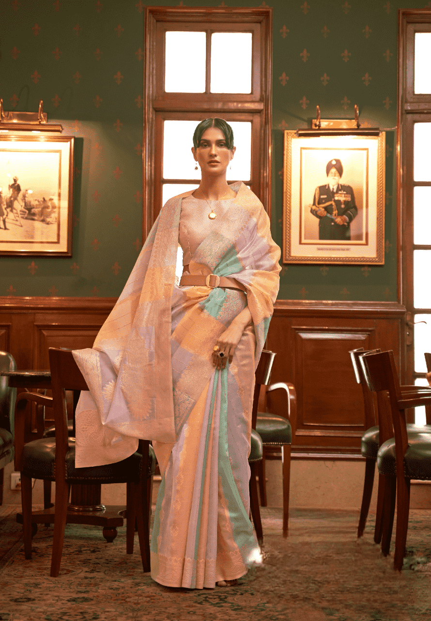 Two Tone Organza Saree With Silver Zari Blouse Piece