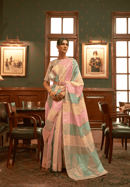 Two Tone Organza Saree With Silver Zari Blouse Piece