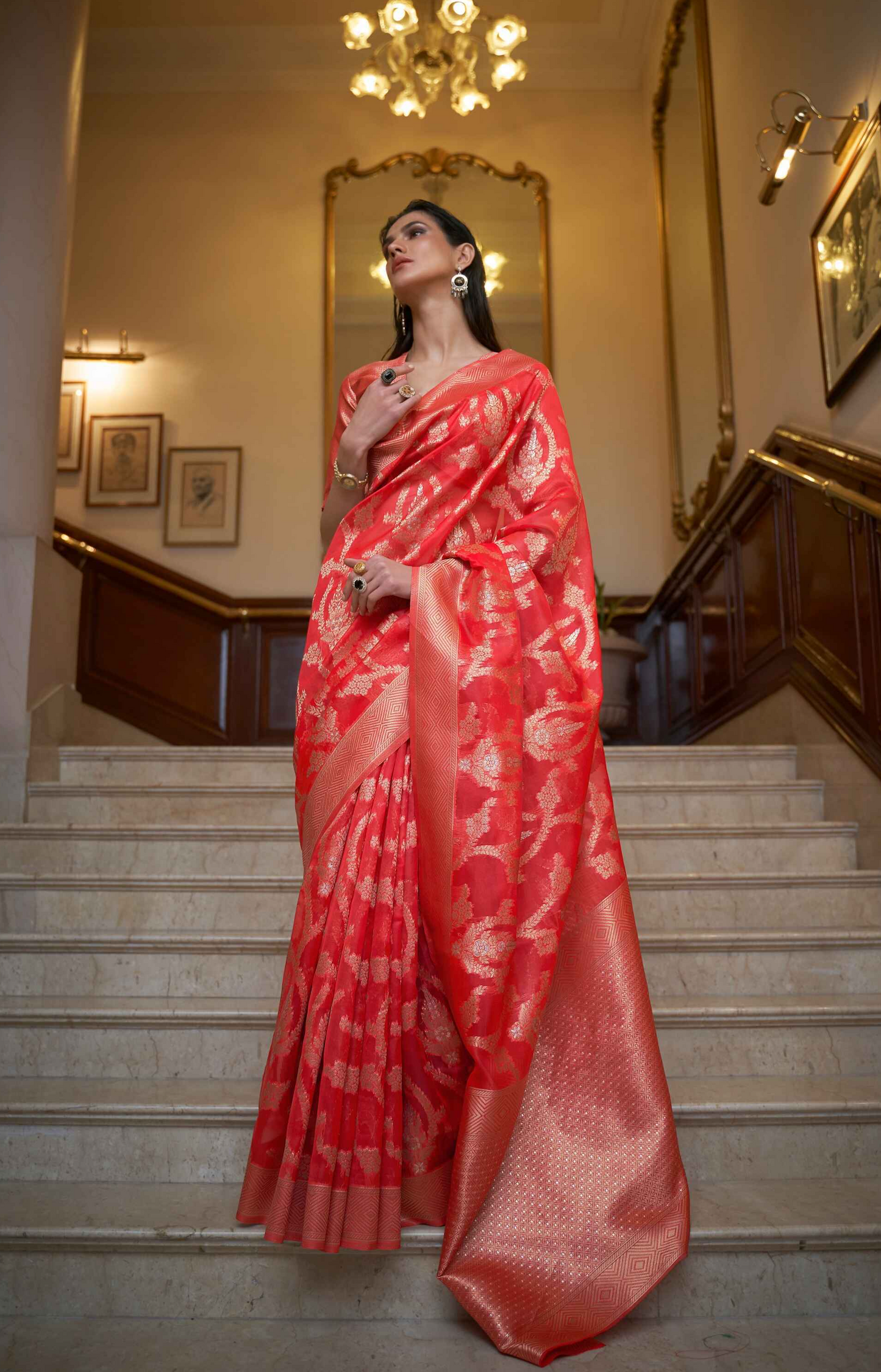 Red Organza Saree On Silk With Ethnic Flower Motif & Butta Design