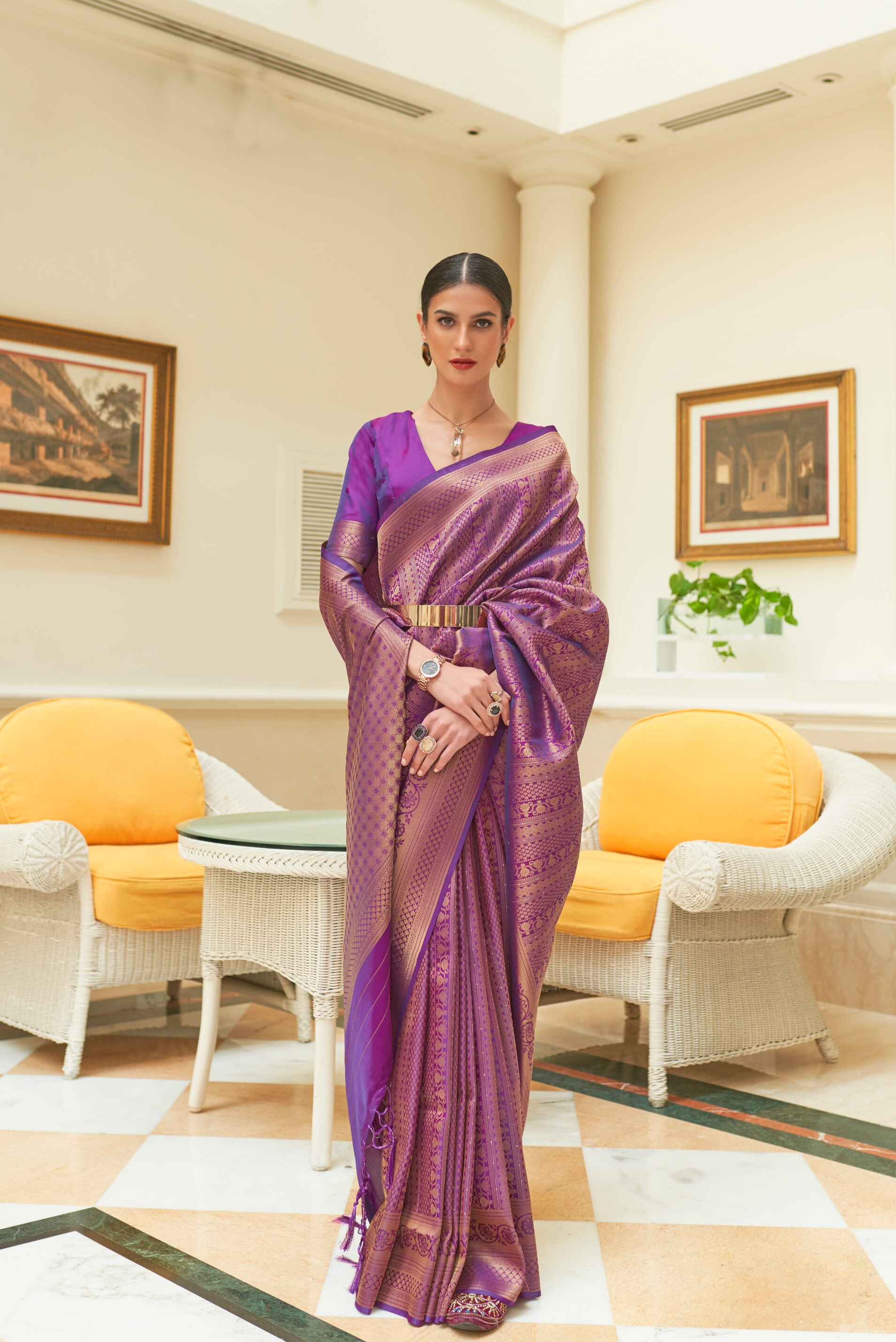 Violet Kanjivaram Tissue Sarees With Zari All Over