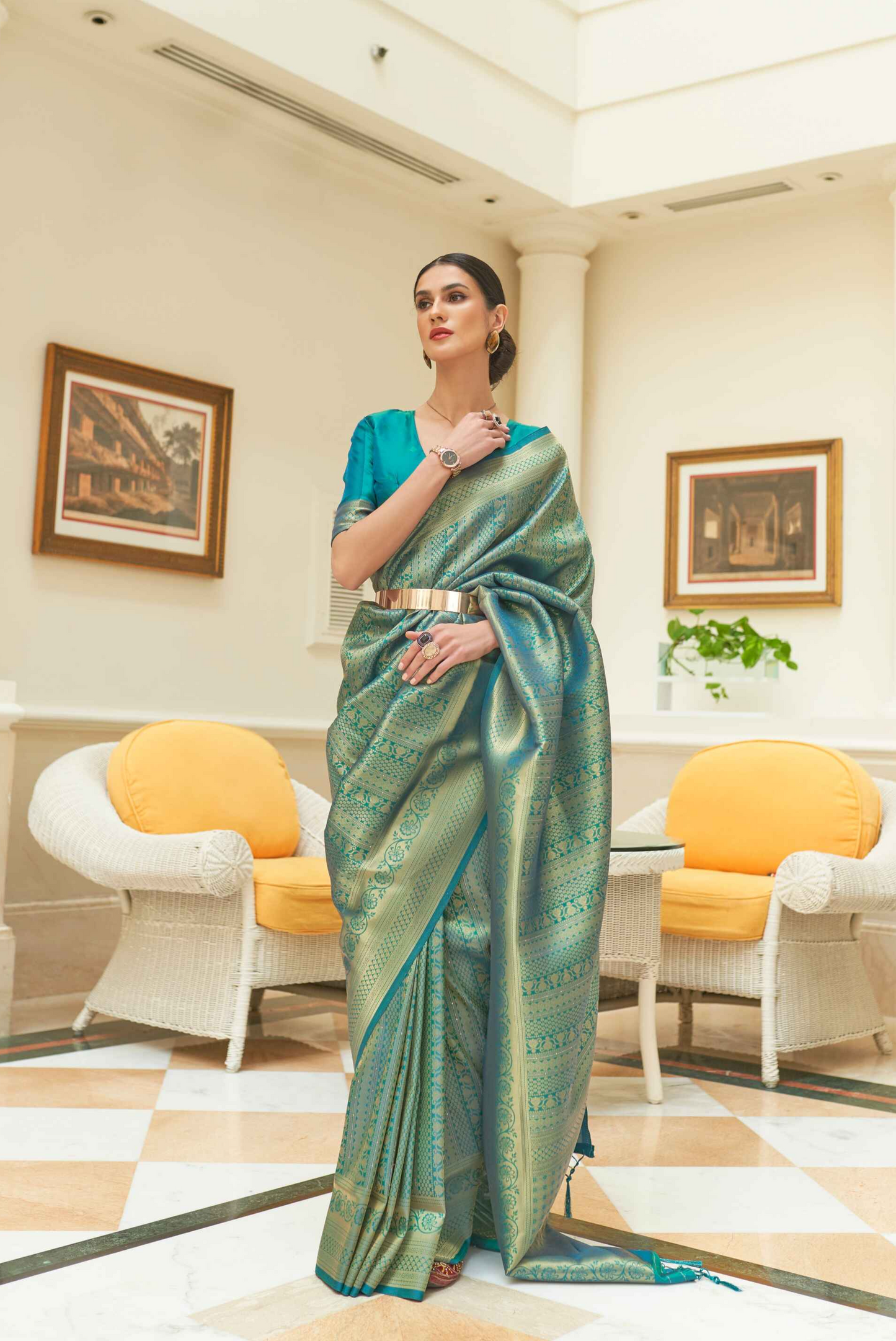 Teal Kanjivaram Saree With Silver Zari All Over