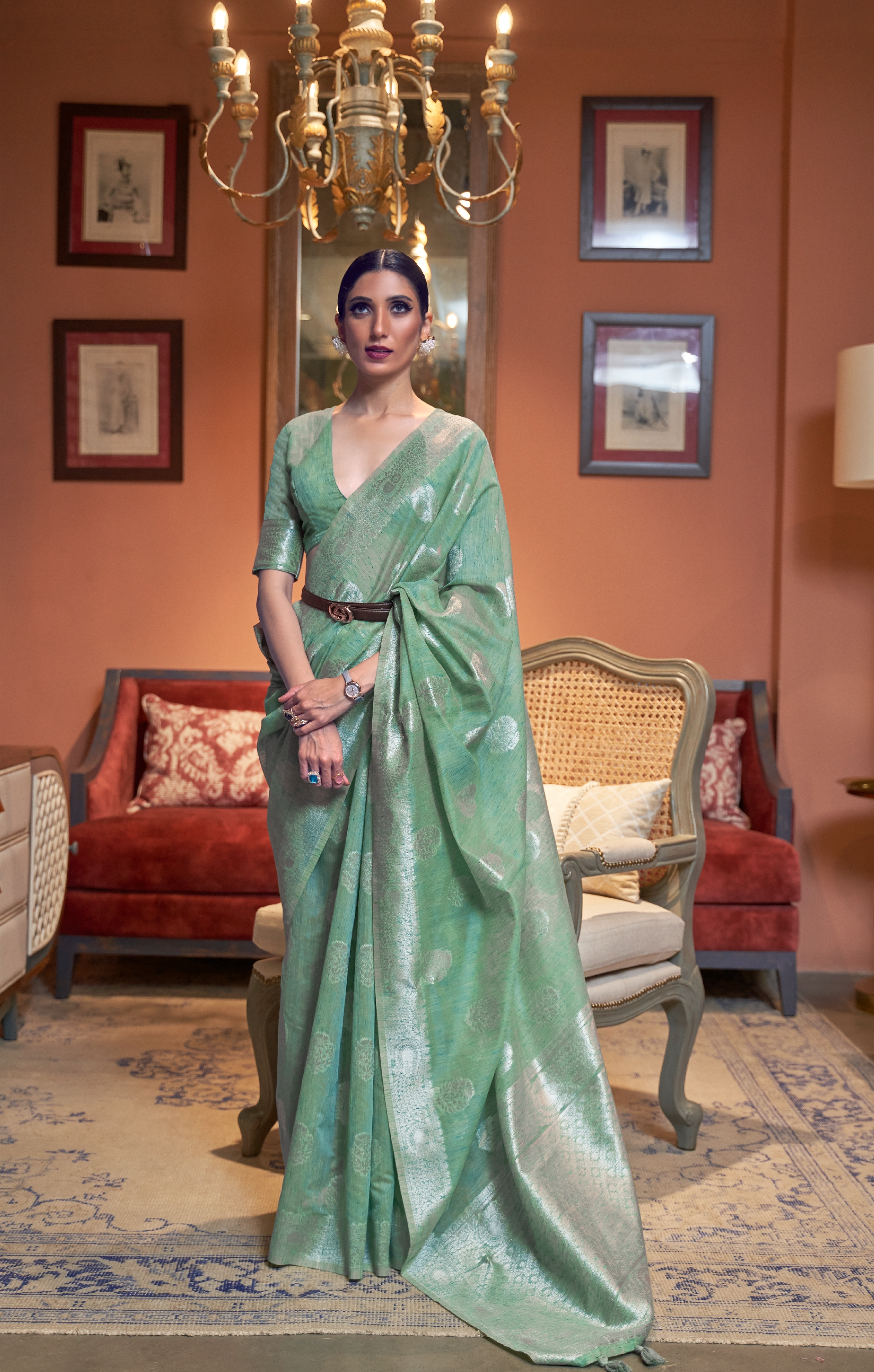 Light Green Chanderi Saree On Linen With Silver Zari Work All Over