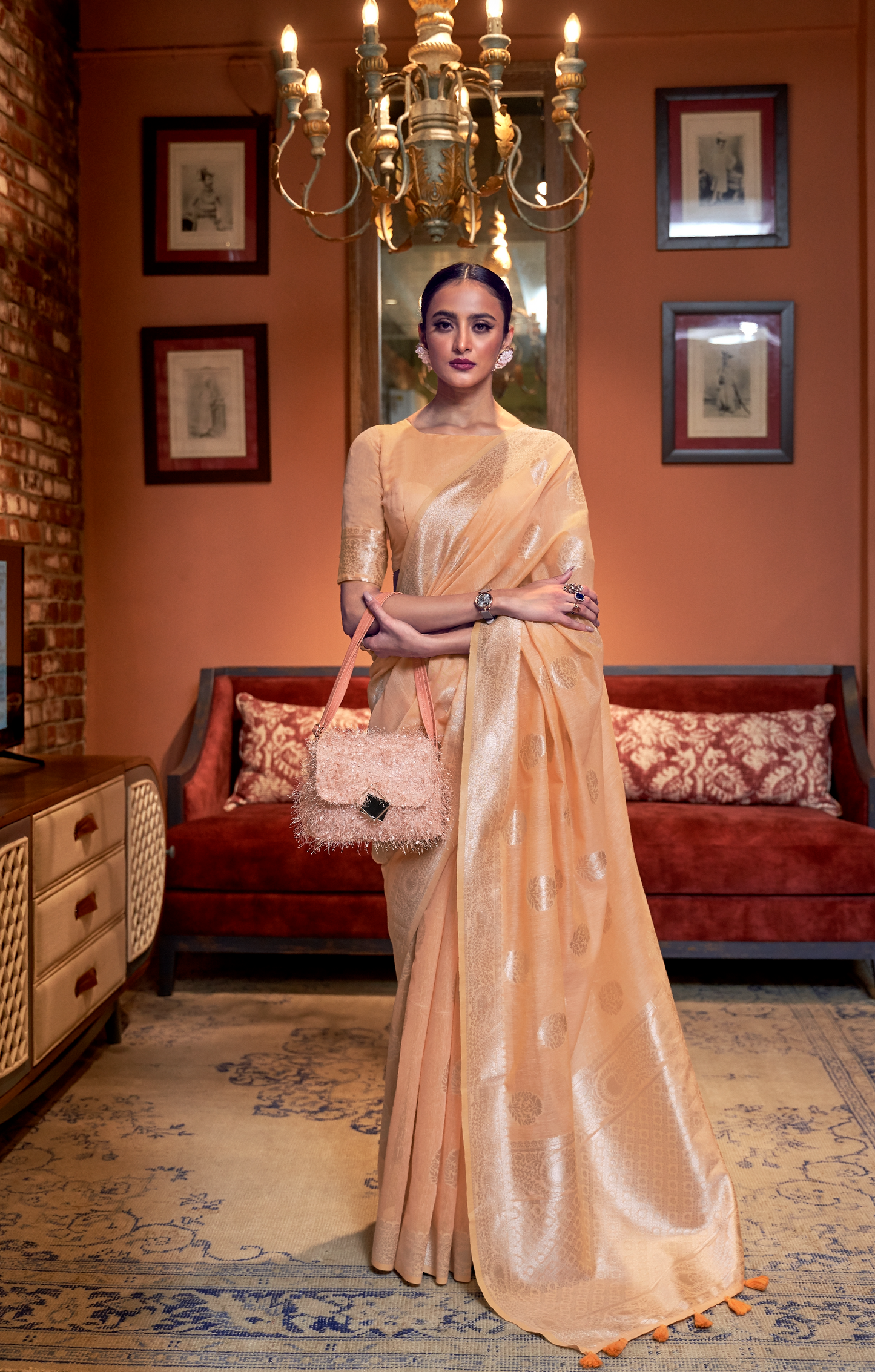 Peach Chanderi Saree On Linen With Silver Zari Border Unstitched Blouse