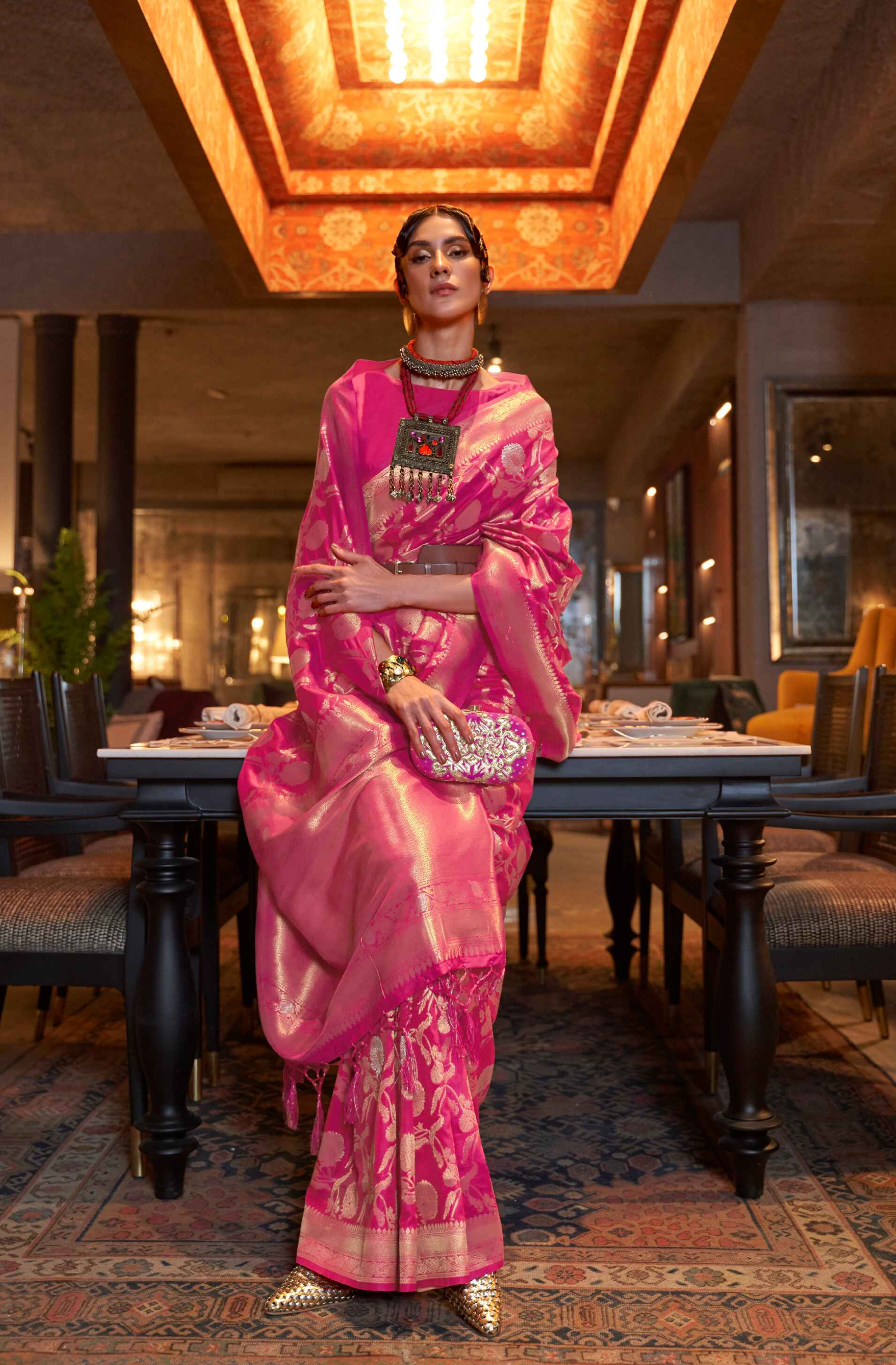 Pink Banarasi Saree With Silver Zari Border 