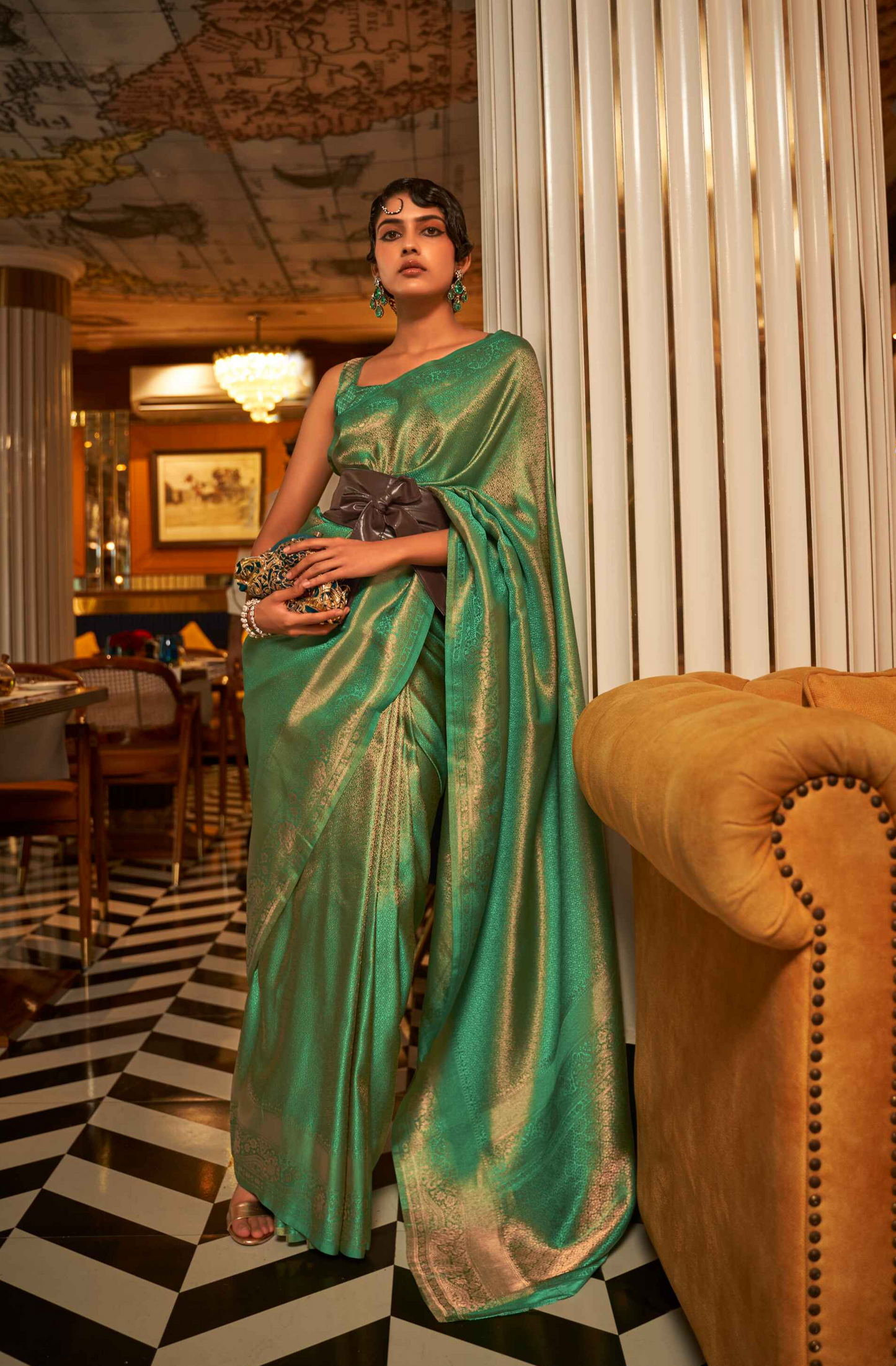 Green Satin Saree With Copper Zari All Over 