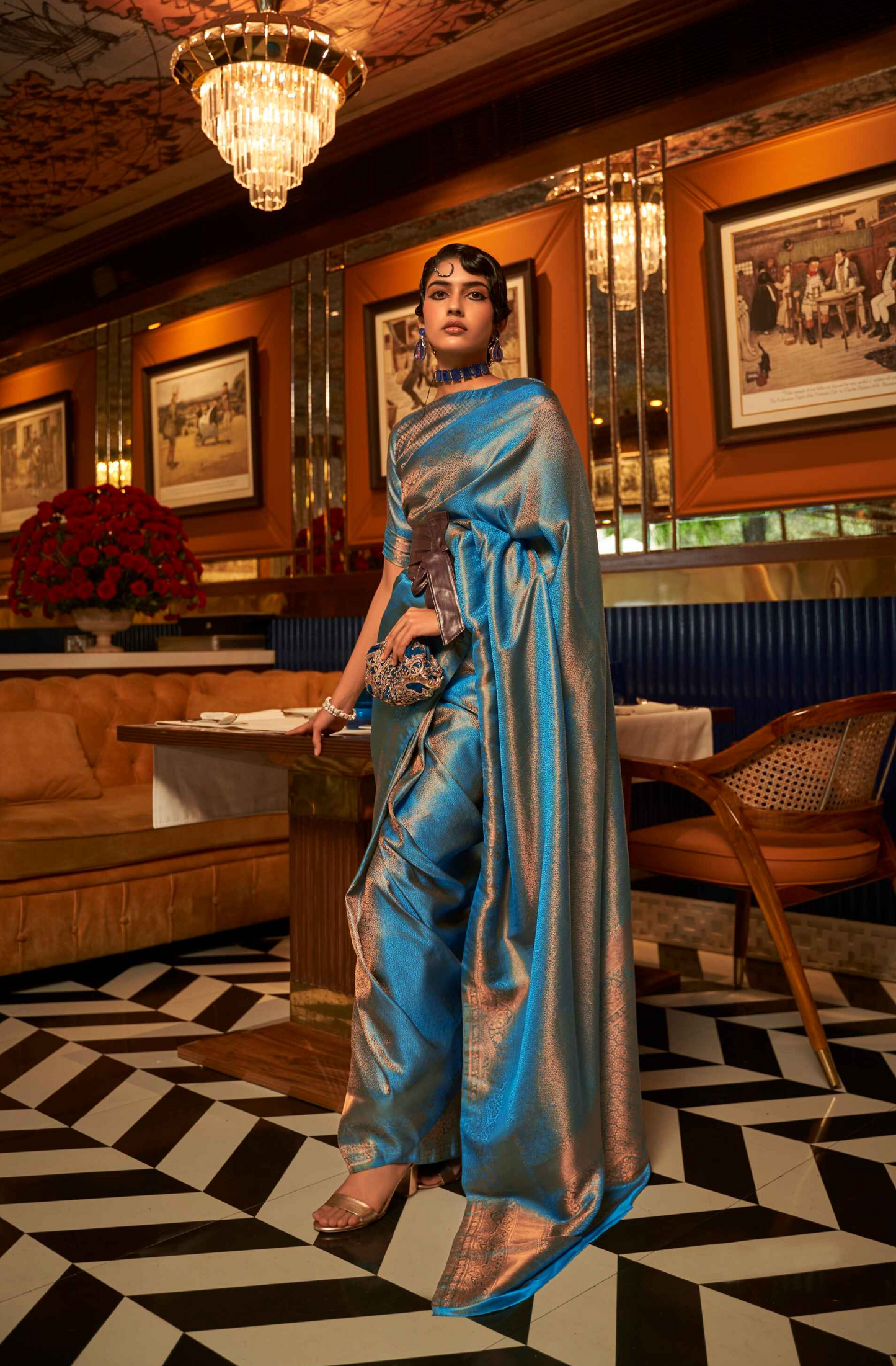 Ocean Blue Satin Saree With Copper Zari Small Border