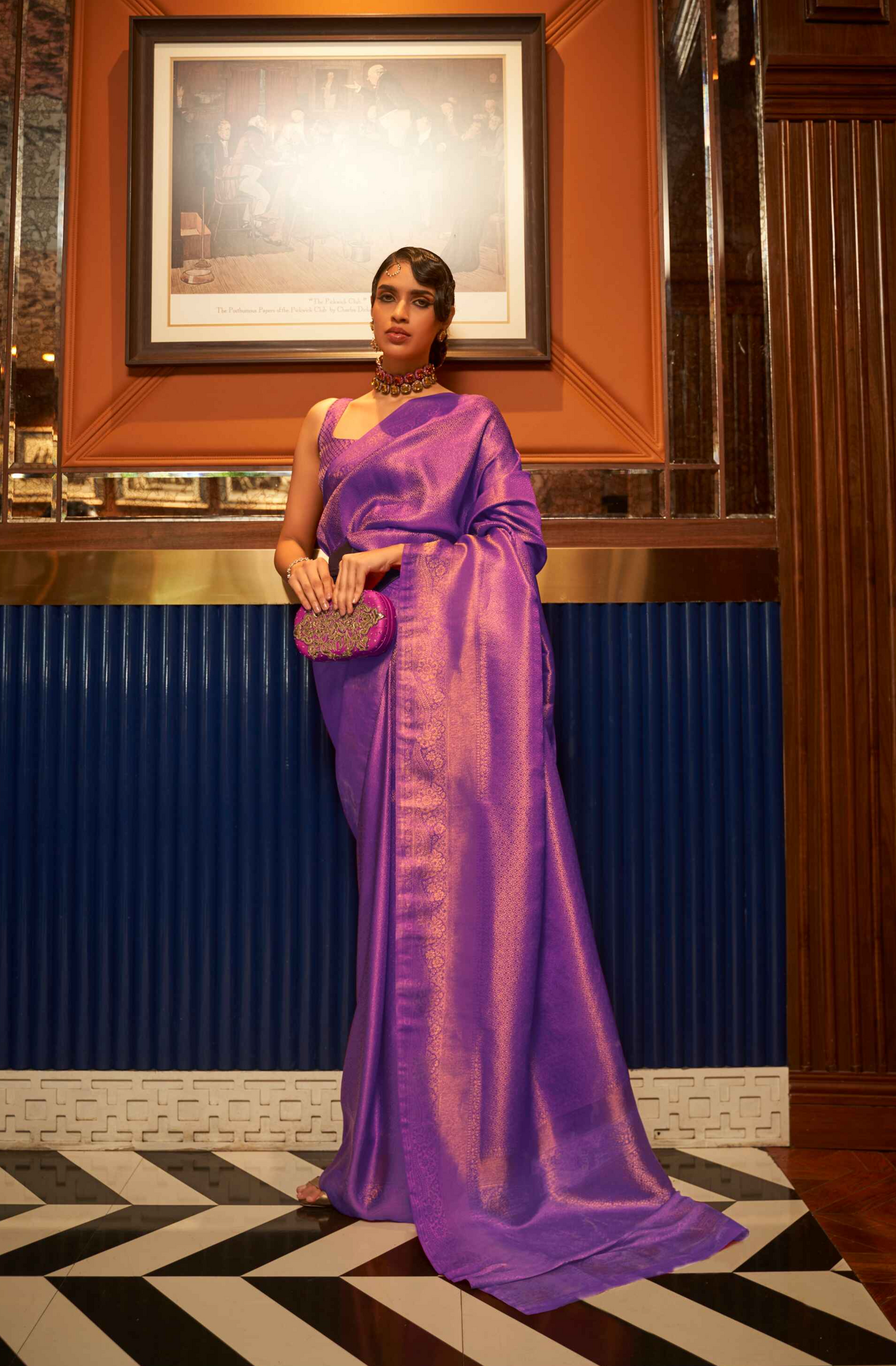 Purple Satin Saree With Copper Zari All Over