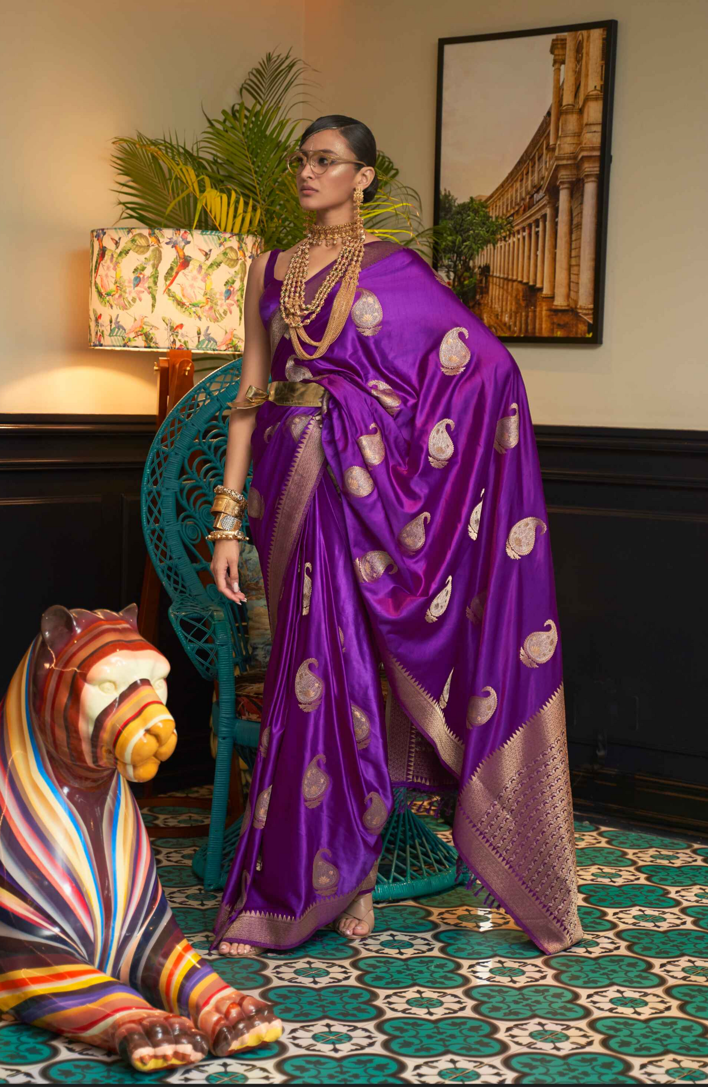 Purple Banarasi Saree On Satin With Traditional Motif Zari