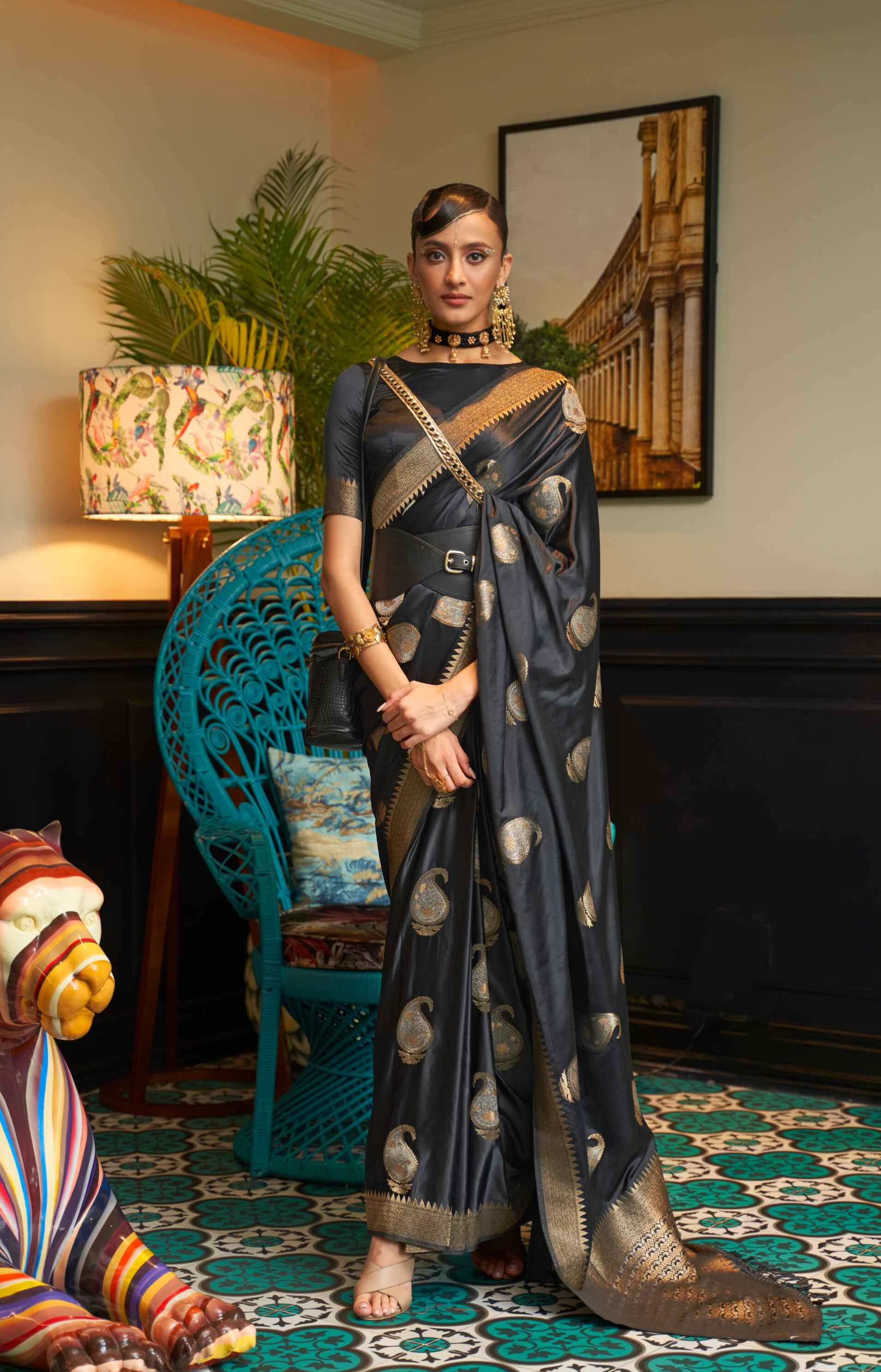 Black Banarasi Silk Saree on Satin With Traditional Motif Design