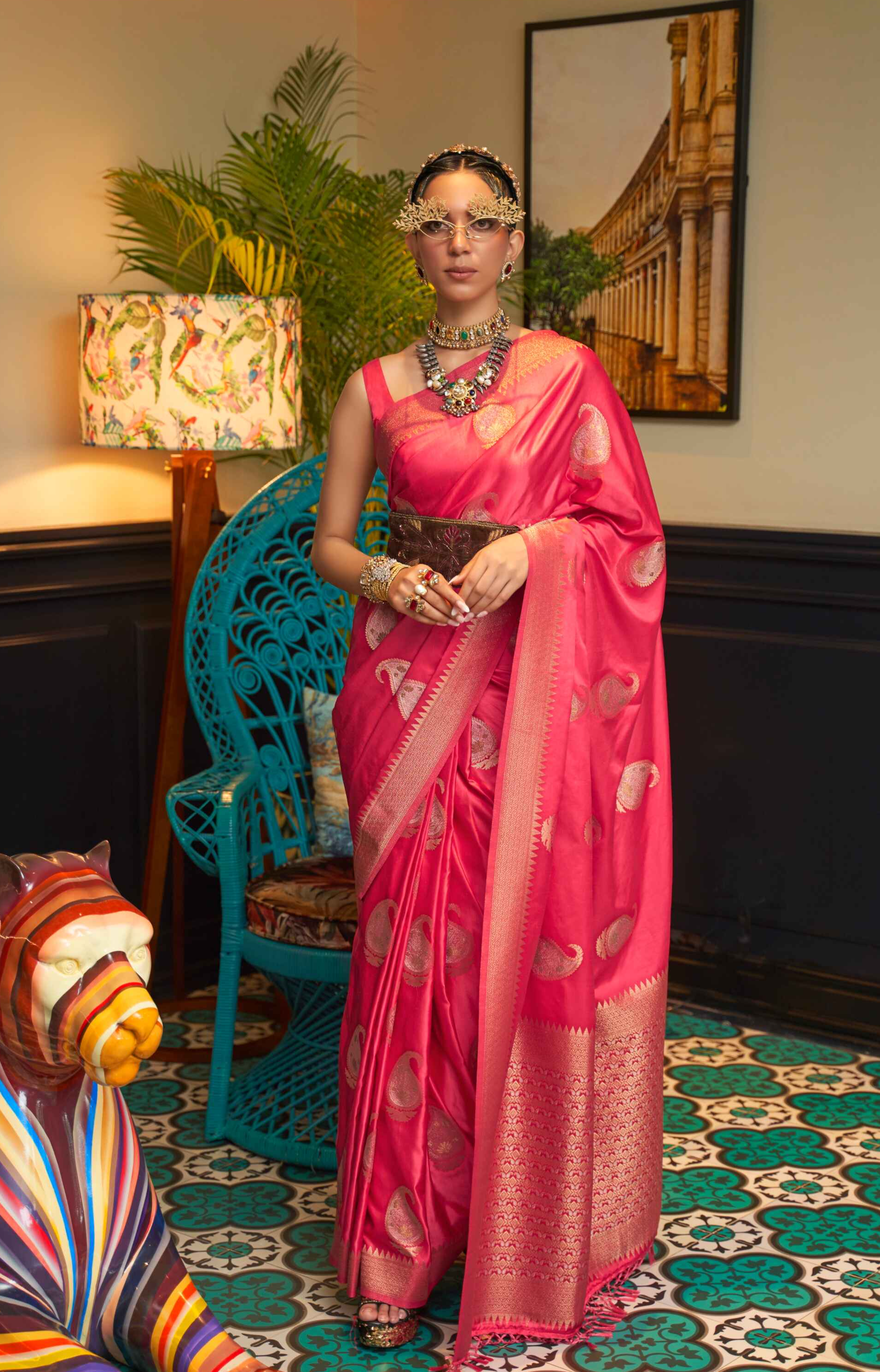 Pink Banarasi Silk Saree On Satin With Traditional Motif Copper Zari