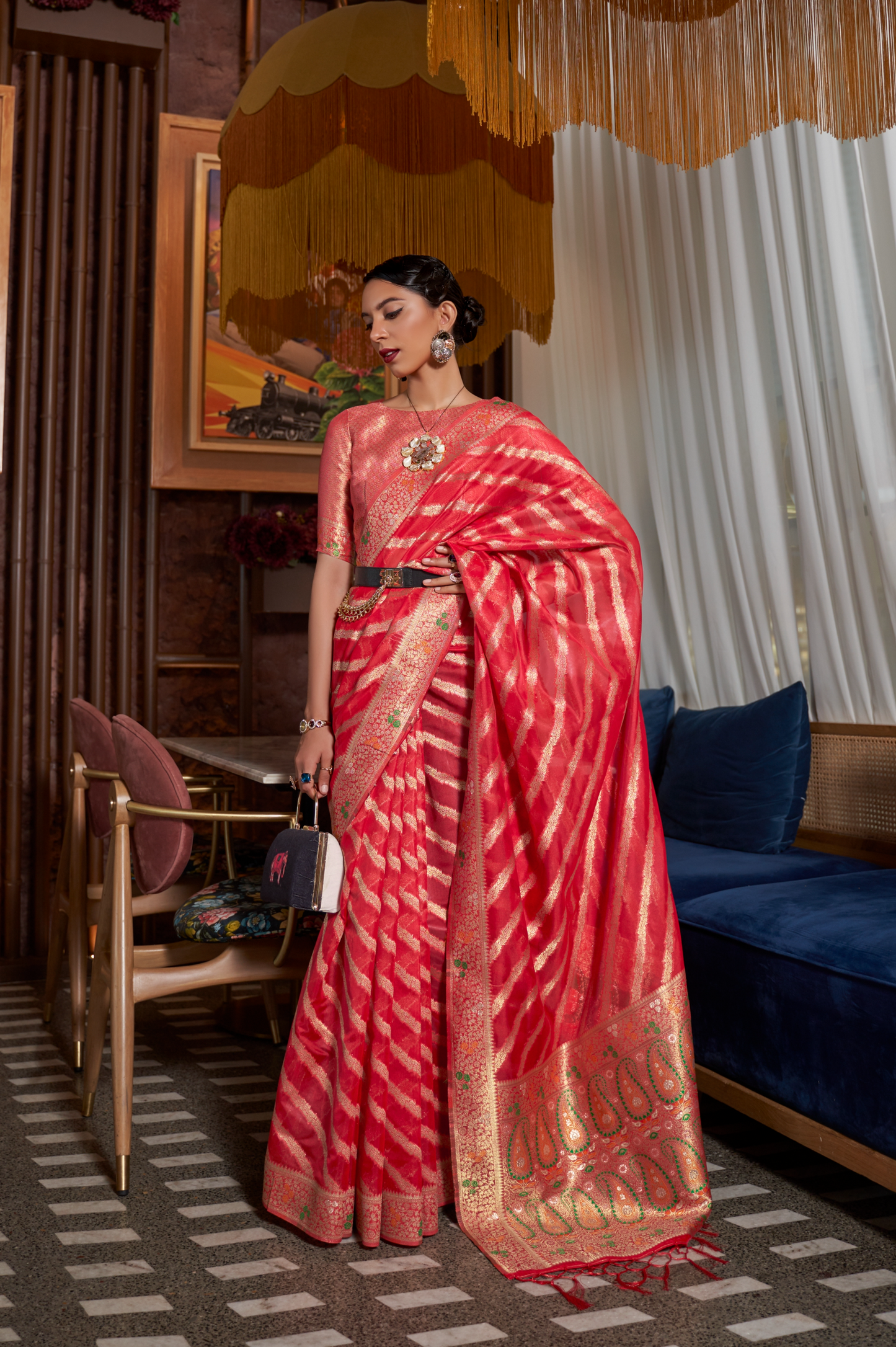 Bridal Red Leheriya Saree On Satin With Ethnic Motif Gold Zari