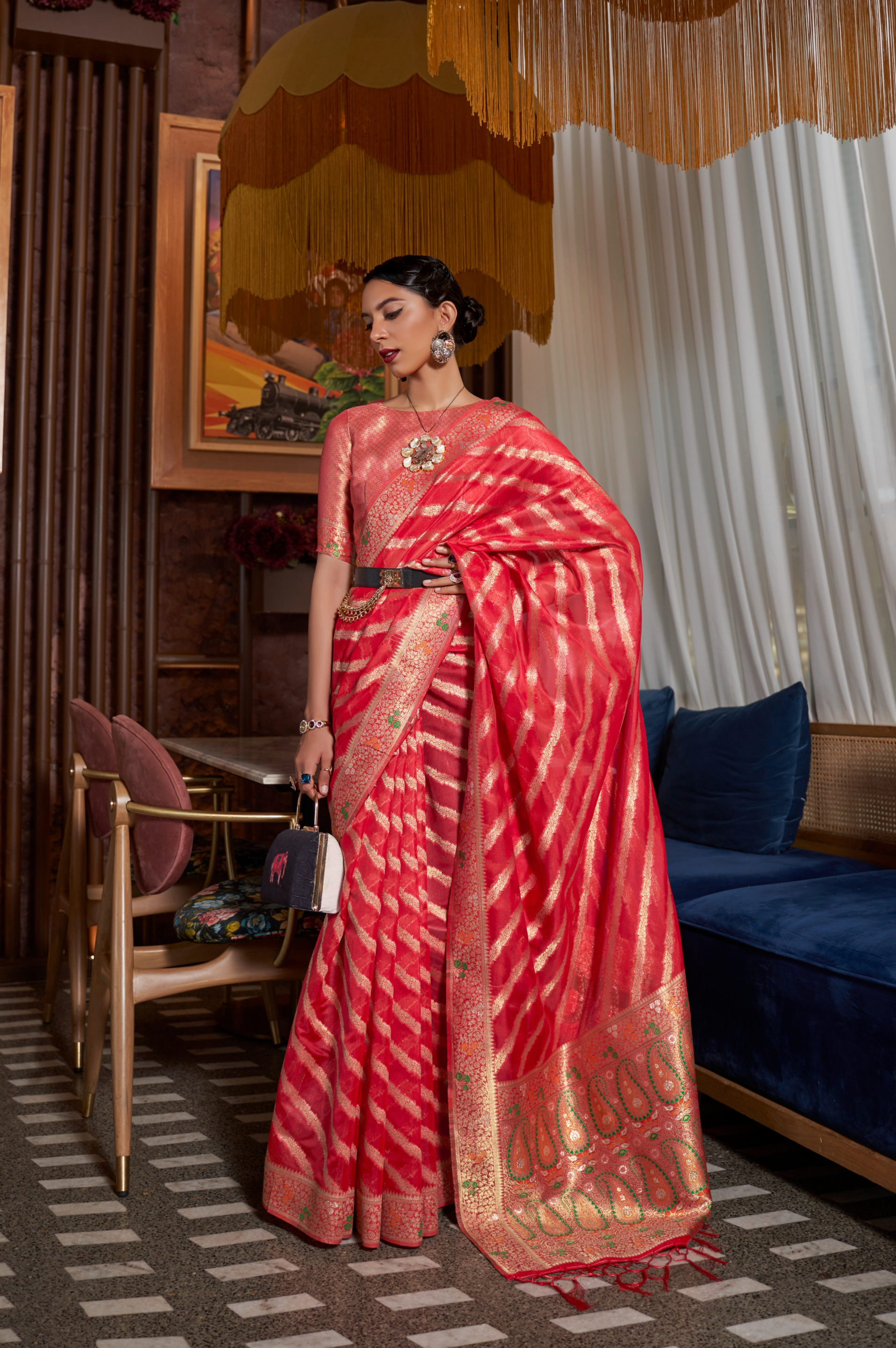 Bridal Red Leheriya Saree On Satin With Ethnic Motif Gold Zari