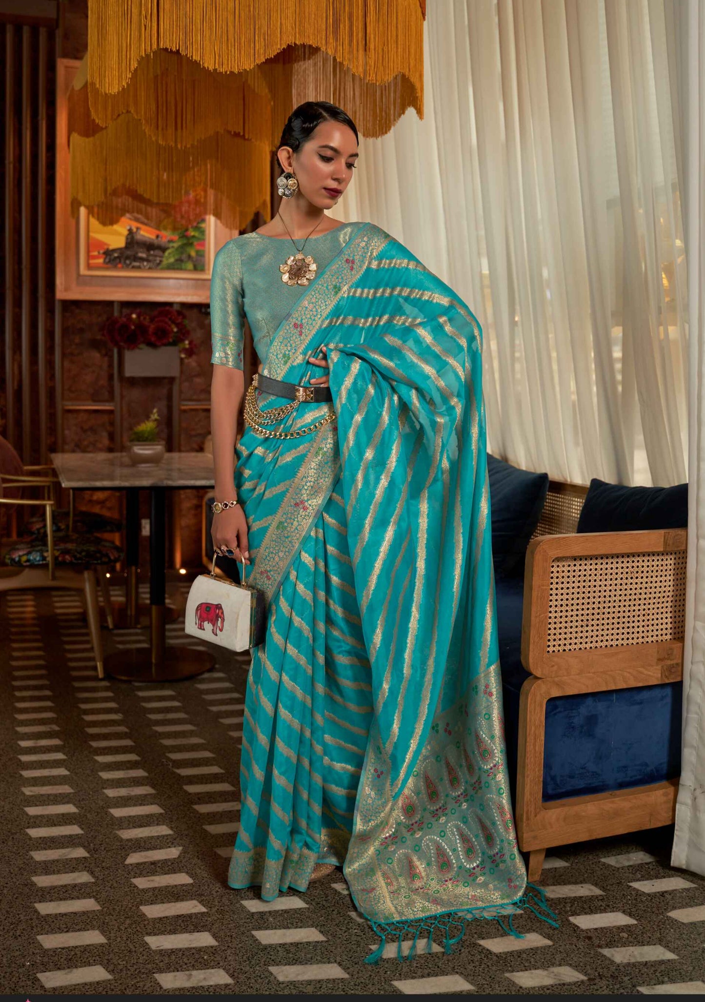 Banarasi Organza Two Tone Saree On Silk With Meenakari Detail