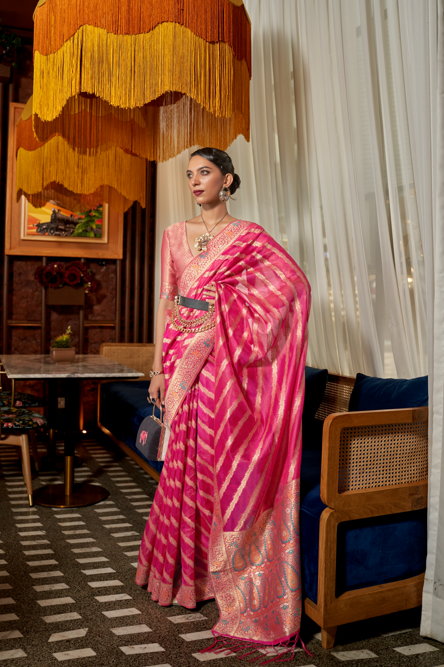 Pink Leheriya Saree On Satin With Ethnic Motif Bronze Zari