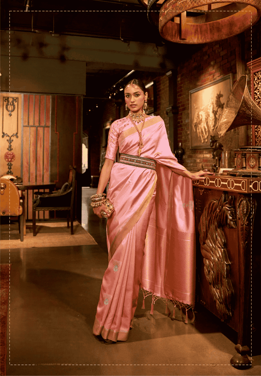 Peach Soft Silk Kanjivaram Saree With Bronze Zari Border